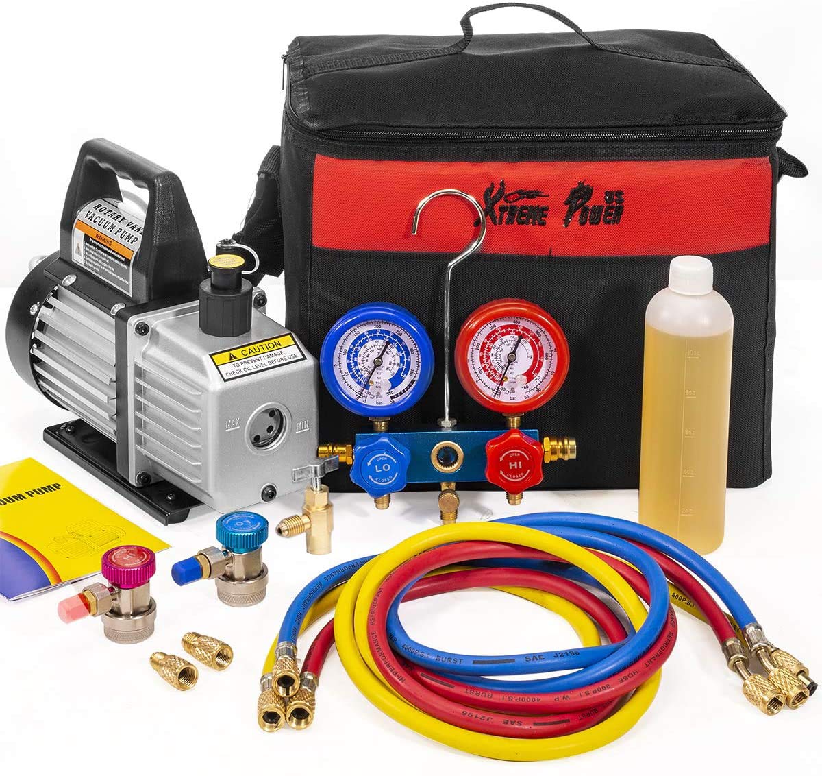 XtremepowerUS HVAC Air Vacuum Pump 3CFM 1/4HP (R134a R12 R22 R410a) A/C Refrigeration AC Manifold Gauge R134 Can-Tap Included Ca