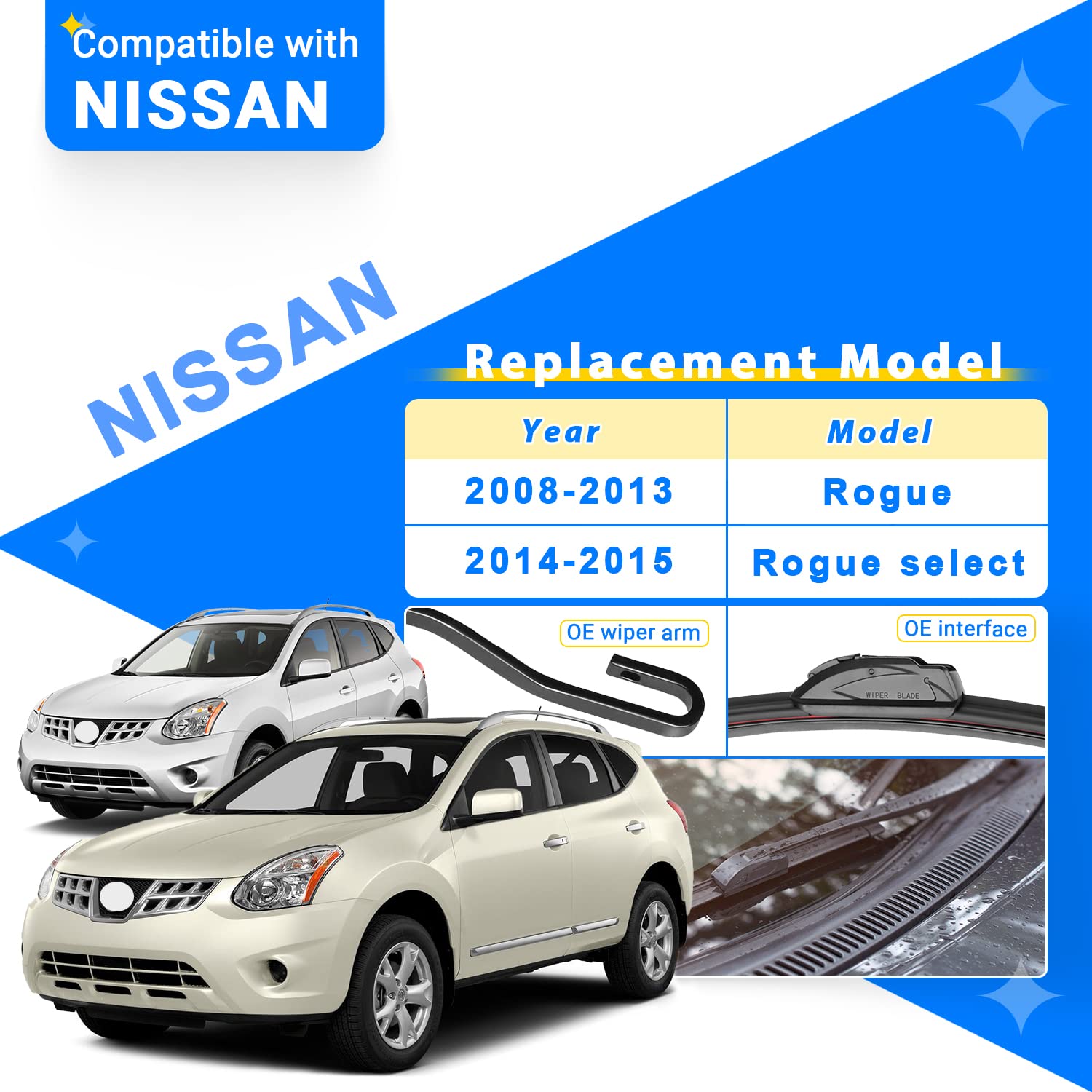 Raintok Windshield Wiper Blades Replacement For Nissan Rogue 2008 2009 2010 2011 2012 2013 / Nissan Rogue Select 2014 2015 Origi