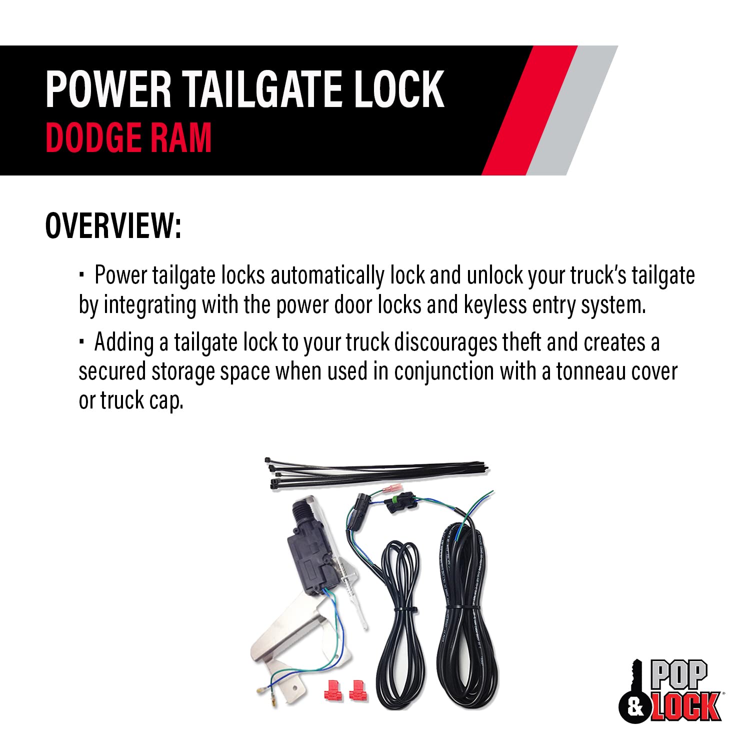 Pop & Lock Power Tailgate Lock for Dodge Ram 1500/2500/3500 (2010-2015) - Metal, Red, Model PL8350