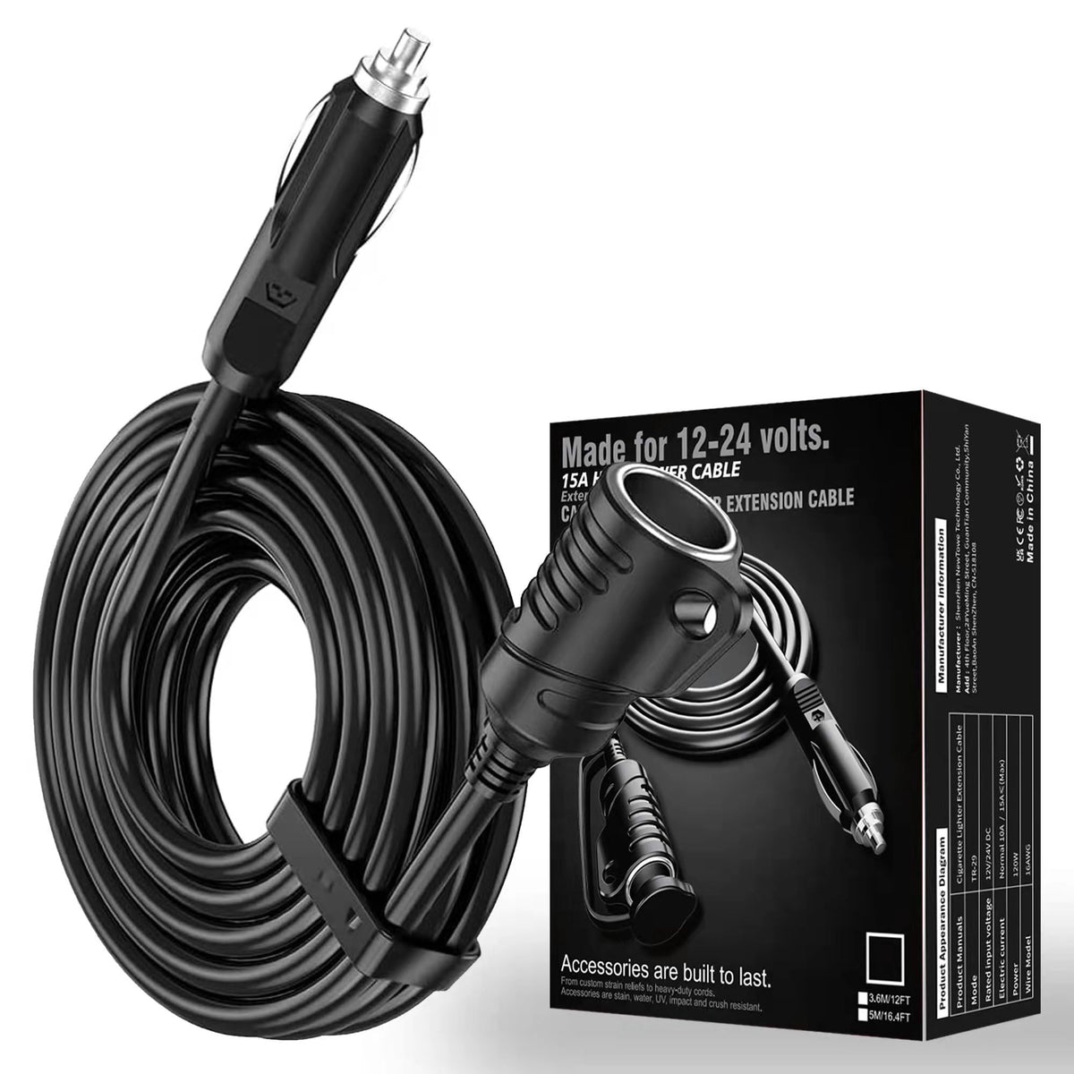 Cigarette Lighter Extension Cable 5M-16Ft 16Awg Male To Female Socket, Dc 12V/24V Cigarette Lighter Socket Power Outlet With 15A