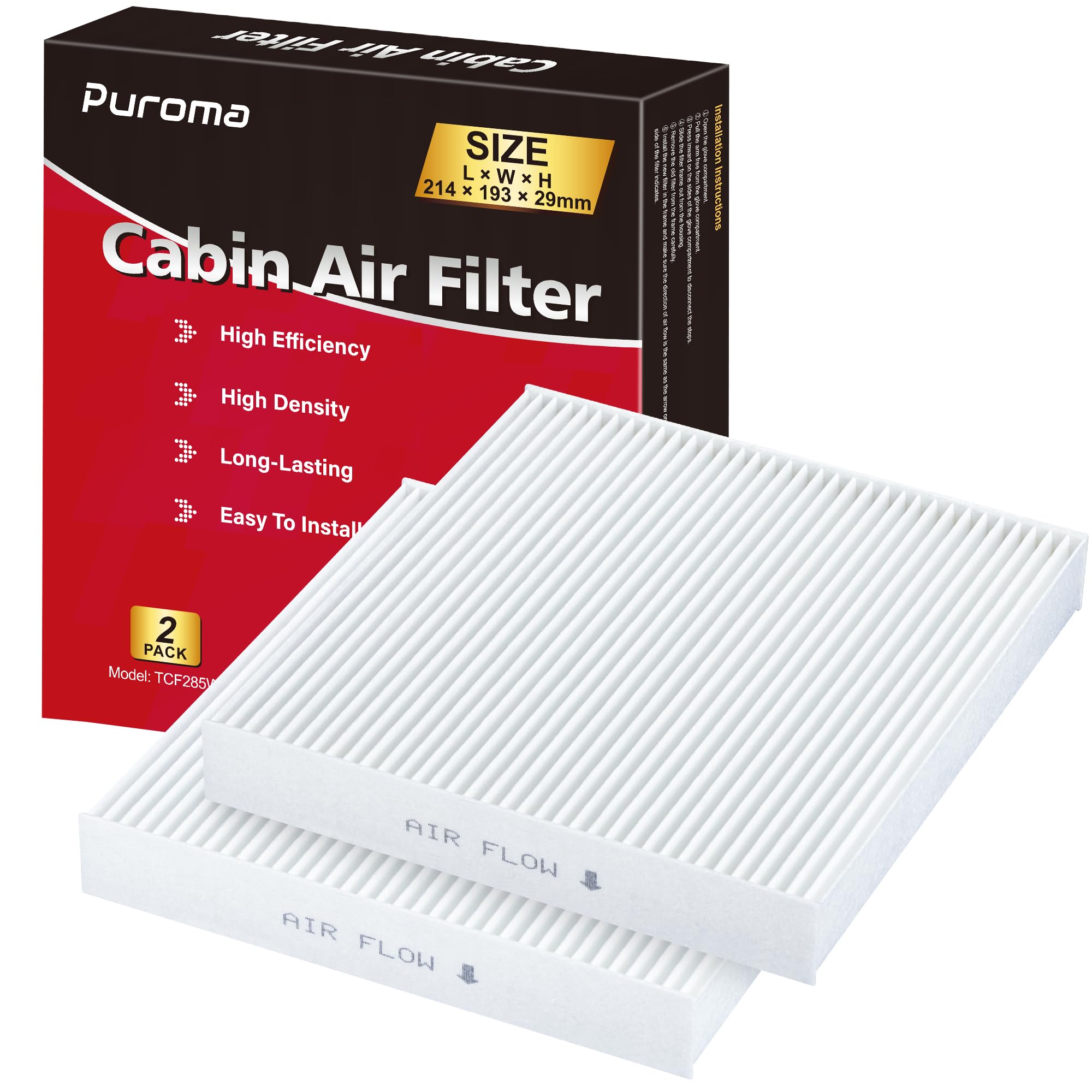 Puroma 2 Pack Cabin Air Filter With Multiple Fiber Layers Replacement For Cp285, Cf10285, Toyota Camry, Rav4, Highlander, Corolla, 4Runner, Tundra, Prius, Sienna, Lexus, Scion, Subaru, Jaguar