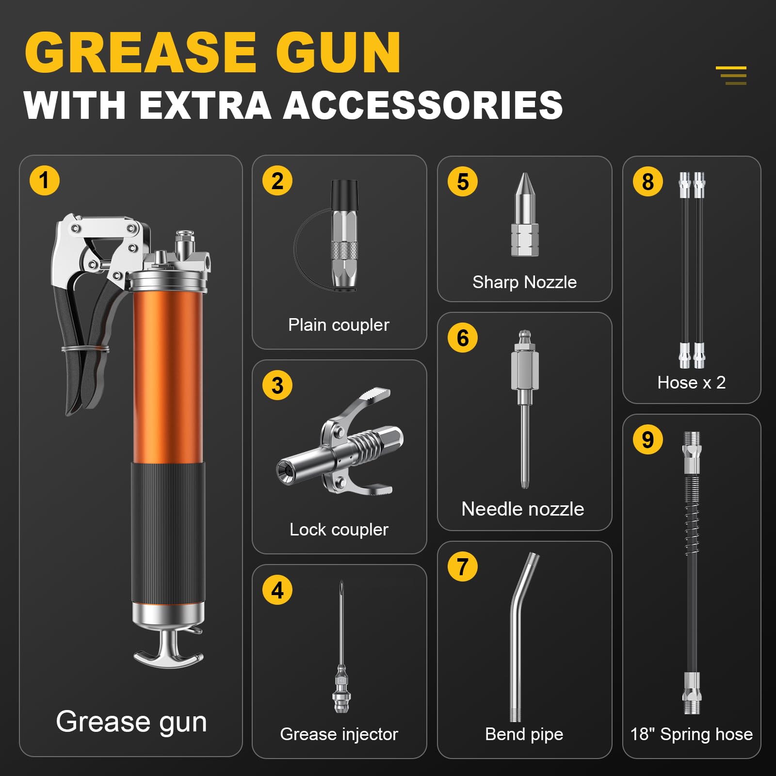 Fantictas Grease Gun Kit, 8000 Psi Leak-Proof Pistol Grip Grease Gun With Lock Coupler, 18'' Spring Flex Hose, 14Oz Load, Grease
