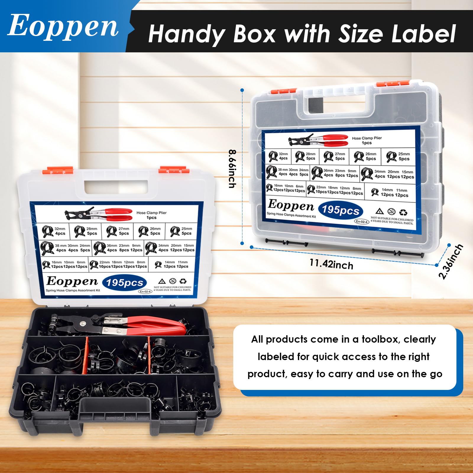 Eoppen 195Pcs 6-38Mm Spring Hose Clamps Assortment Kit With Swivel Flat Band Fuel Hose Clamp Plier - 23 Sizes Fuel Line Silicone