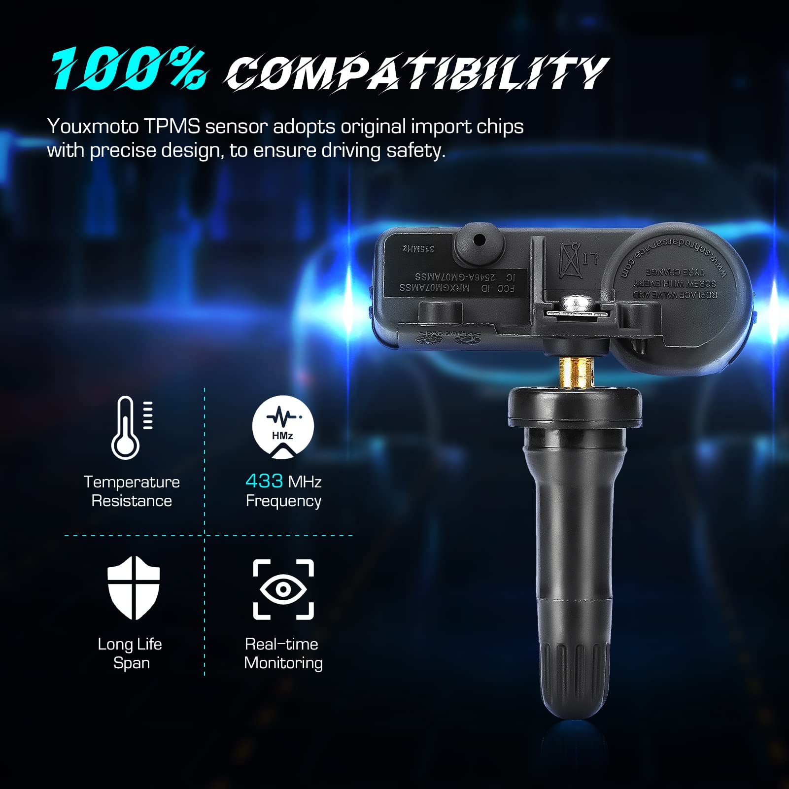 Youxmoto 56029398AB TPMS Tire Pressure Sensor 433MHz, Compatible with Jeep Grand Cherokee Wrangler, Dodge Charger Challenger Jou