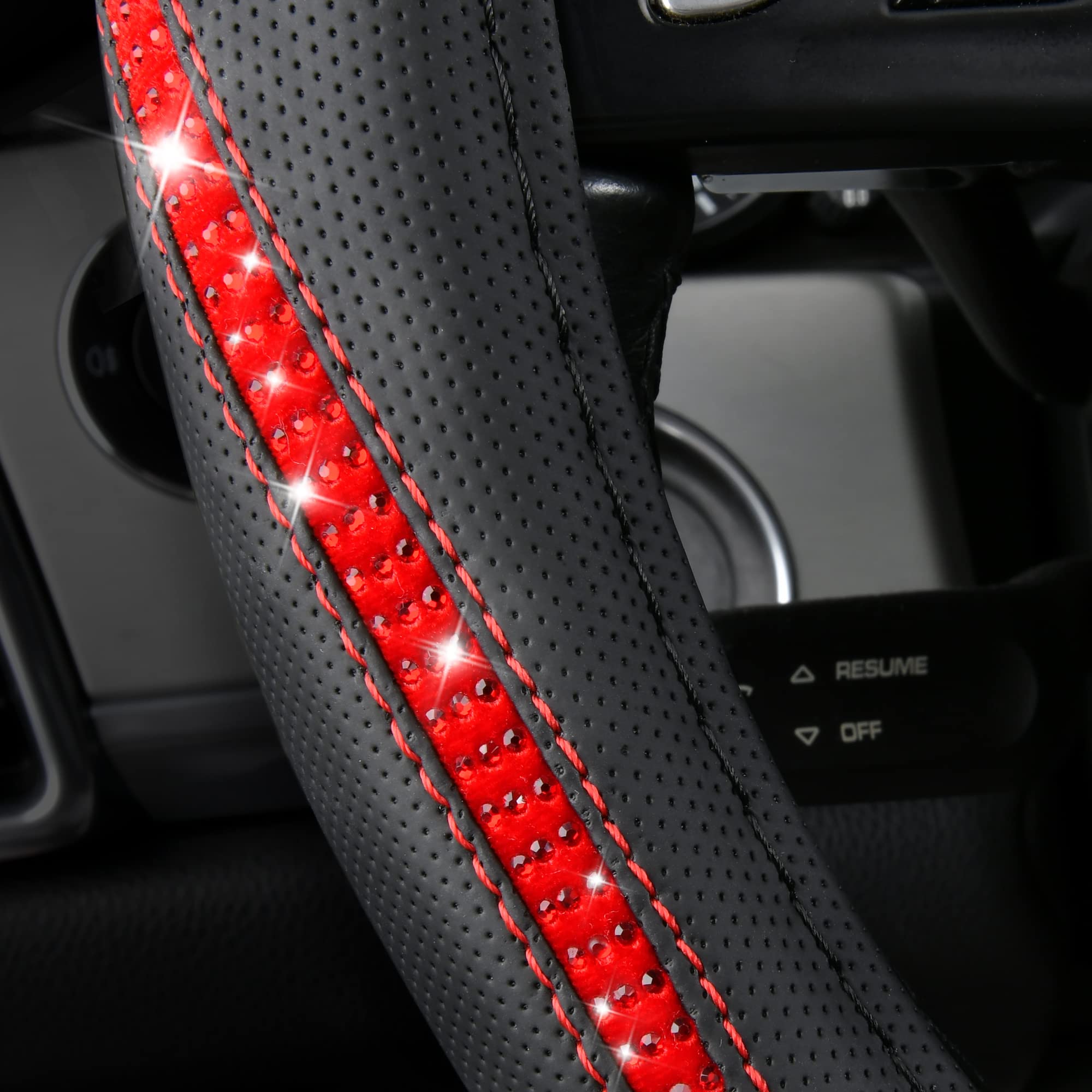 Car Pass Bling Diamond Black Leather Steering Wheel Cover, Studded Crystal Rhinestones Universal Fit 14' 1/2-15' Glitter For Women Sparkle Girl Fit Suvs,Vans,Sedans,Car,Trucks, Red Diamond