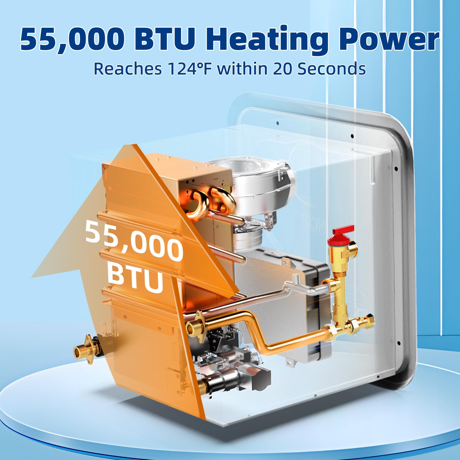 RV Tankless Water Heater, On Demand Instant Propane Gas RV Hot Water Heater, DC 12V, 16 x 16 inch Door & Front Water Outlet, 550