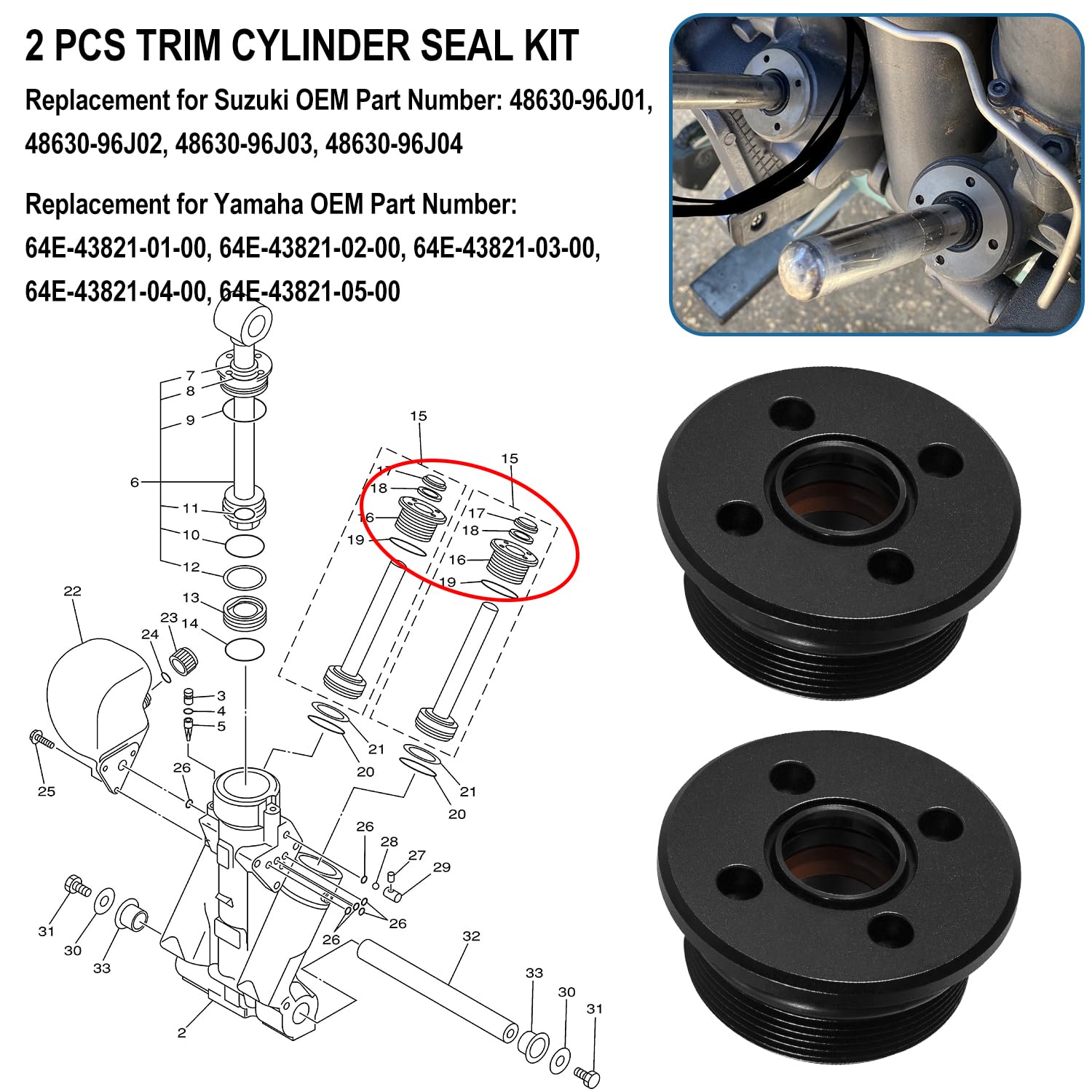 2 PCS Trim Cap Cylinder With Seals & O-ring Fit For Suzuki & Yamaha 4 Cyl 6 Cyl 2 & 4 Stroke 115-300 HP Replace For 48630-96J00