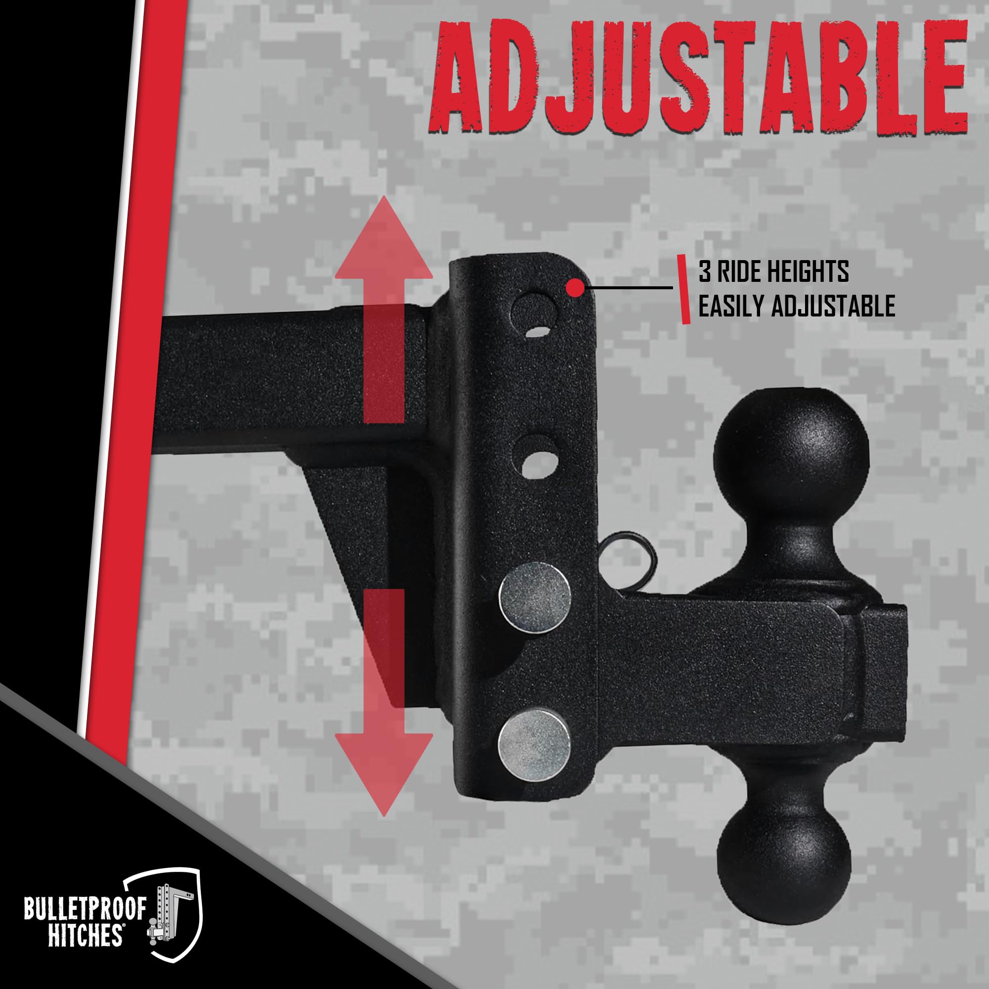 Bulletproof Hitches - 2.0'' Adjustable Medium Duty Trailer Hitch (14,000 Lb. Rating) - 2'' Drop/Rise Trailer Hitch With 2'' & 2-