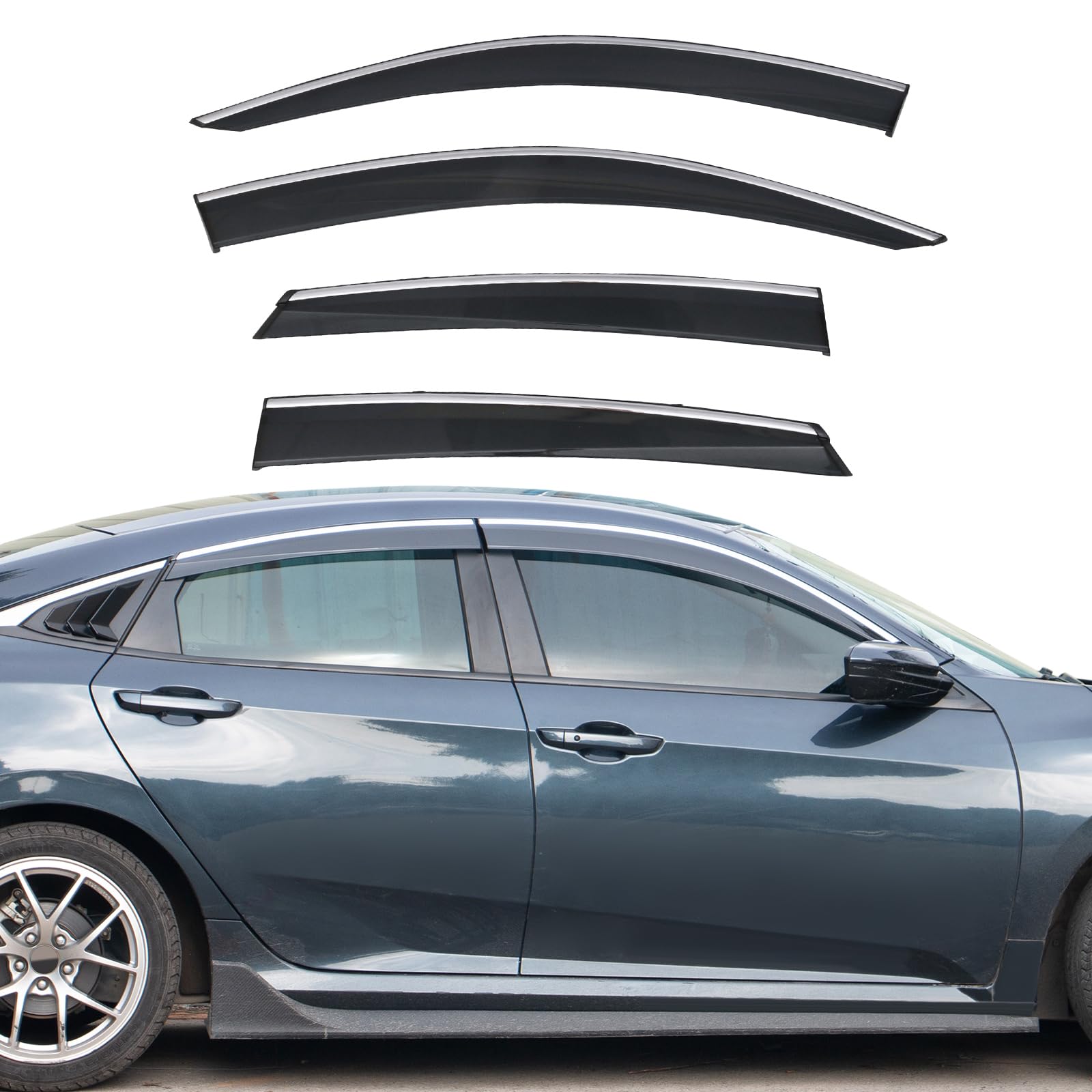 Ikon Motorsports Tape On External Window Visor, Compatible With 2016-2021 Civic 10Th Gen 4Dr Sedan, Factory Style Polycarbonate