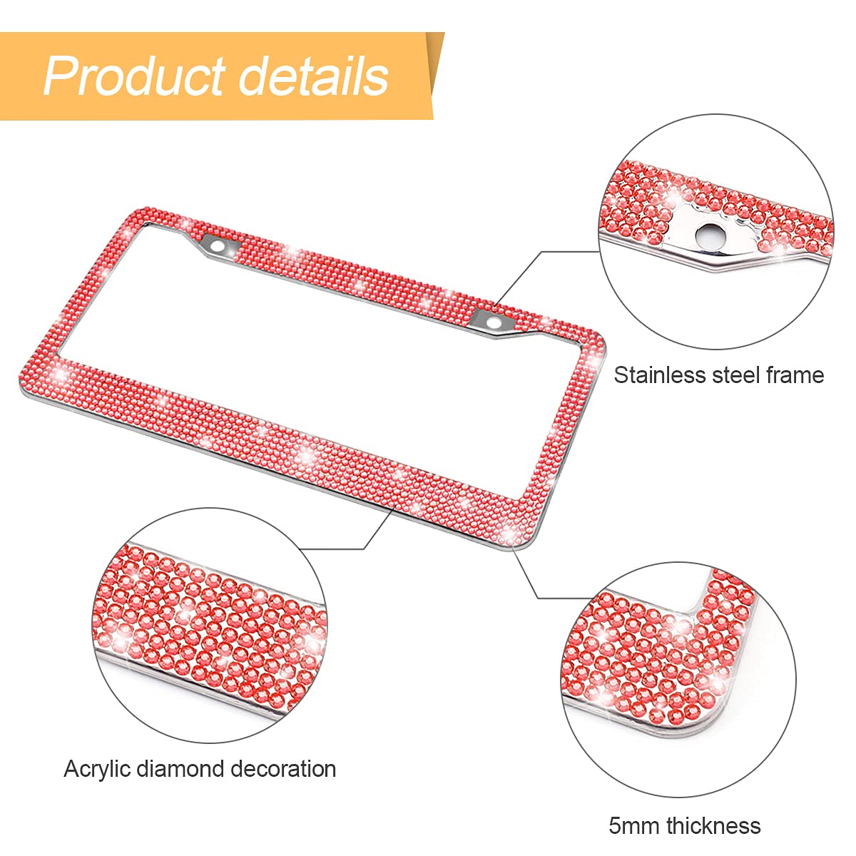 Bling Car License Plate Frame, Handcrafted Crystal Stainless Steel License Plate Frame, Sparkly, Durable, Universal Fit, Car Acc