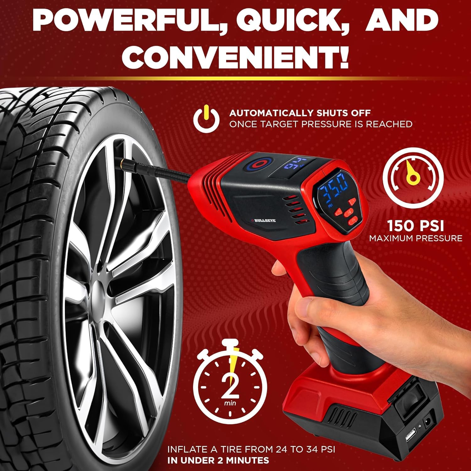 Bullseye Pro Automatic Digital Tire Inflator 150 Psi Max W/Gauge Display Screen & Pre-Set Pressure In Kpa, Psi, Bar, Kg/Cm, Buil