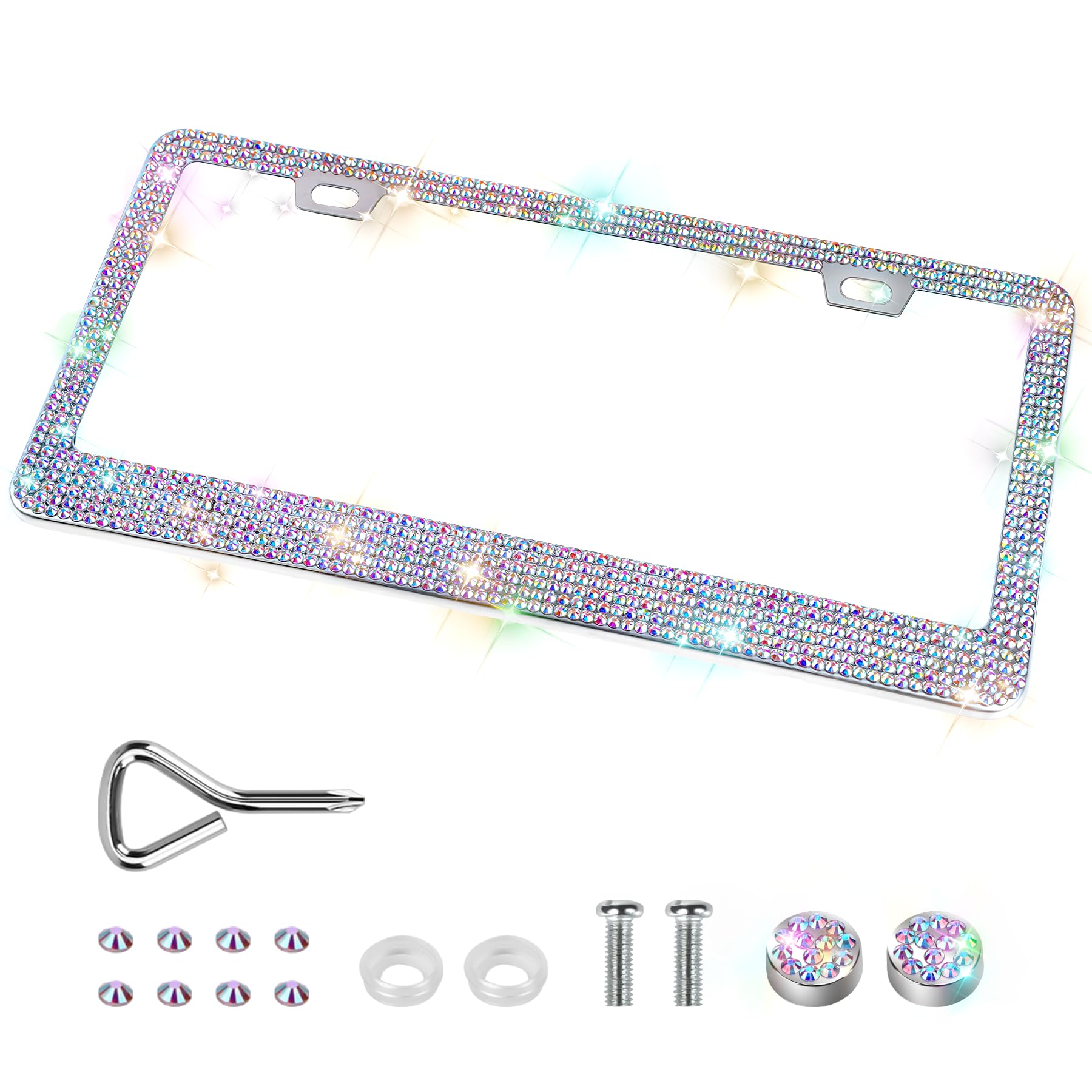 Quanqiufei Bling License Plate Frames For Women, Sparkly Rhinestone Diamond Car Accessories With Glitter Crystal Caps (1 Pack Co