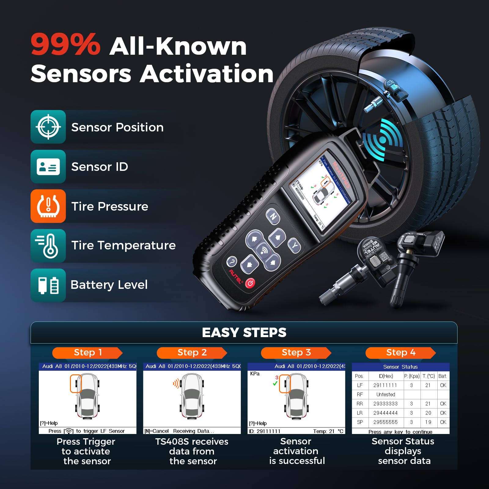 Autel MaxiTPMS TS408S, TPMS Programming Tool Upgrade of TS501 TS508, All Sensors Relearn Activate Tool, Program Autel MX-Sensor 315/433MHz, TPMS Reset Read Clear DTCs Lifetime Update