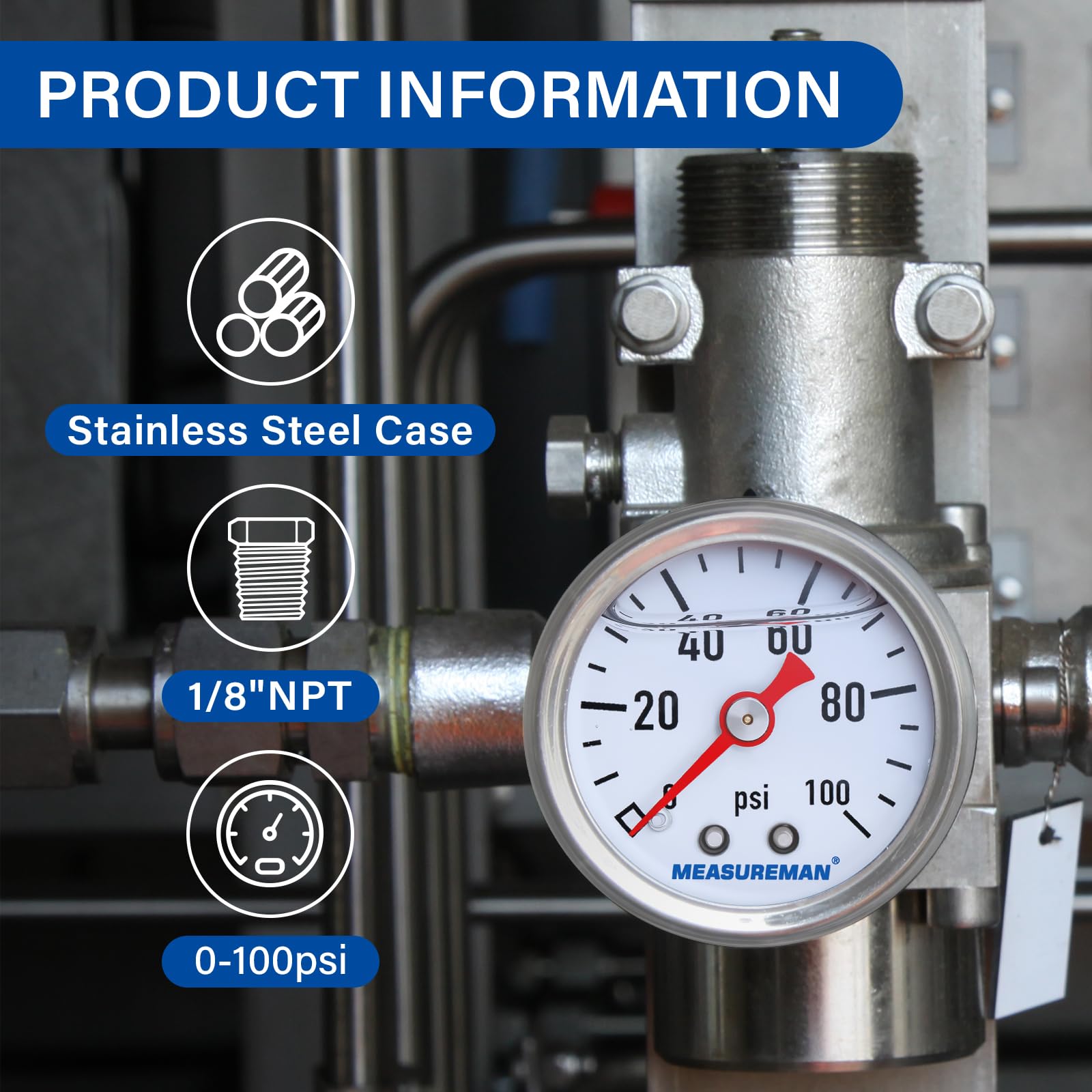 Measureman 1-1/2'' Dial Size, 304 Stainless Steel Case, Liquid Filled Fuel Pressure Gauge, 0-100Psi, 3-2-3%, 1/8'' Npt Center Ba