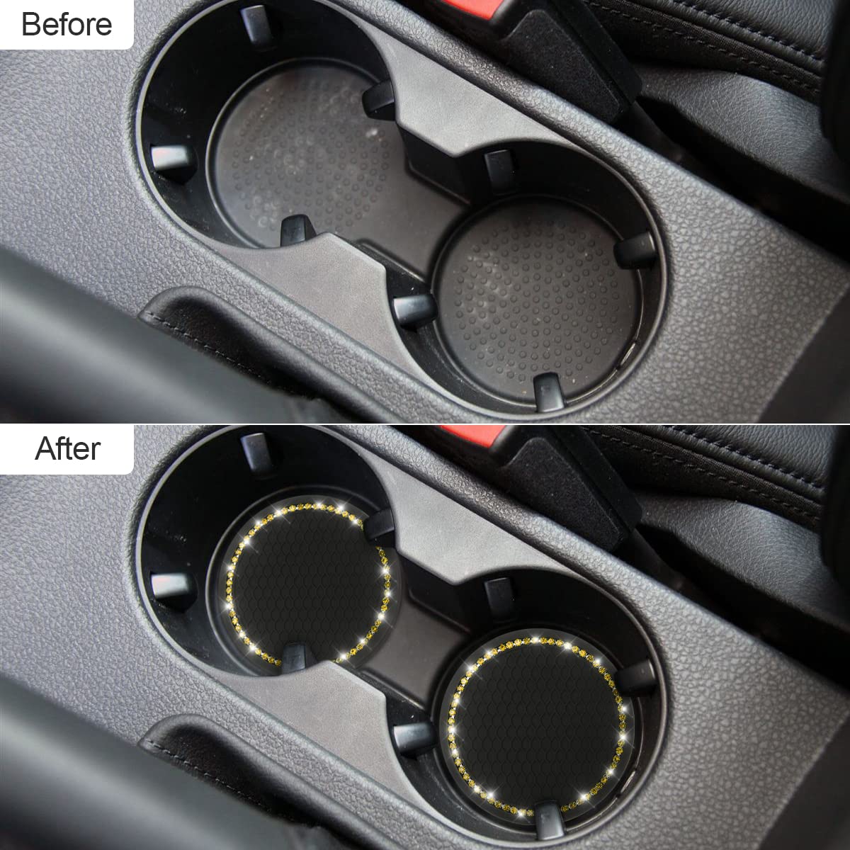 Car Cup Holder Coaster, 2 Pcs Universal Bling Crystal Rhinestone Car Accessories 2.75 Inch Auto Anti Slip Cup Holder Insert Mat Pad Set,Suitable For Most Car Interior (Black/Yellow)