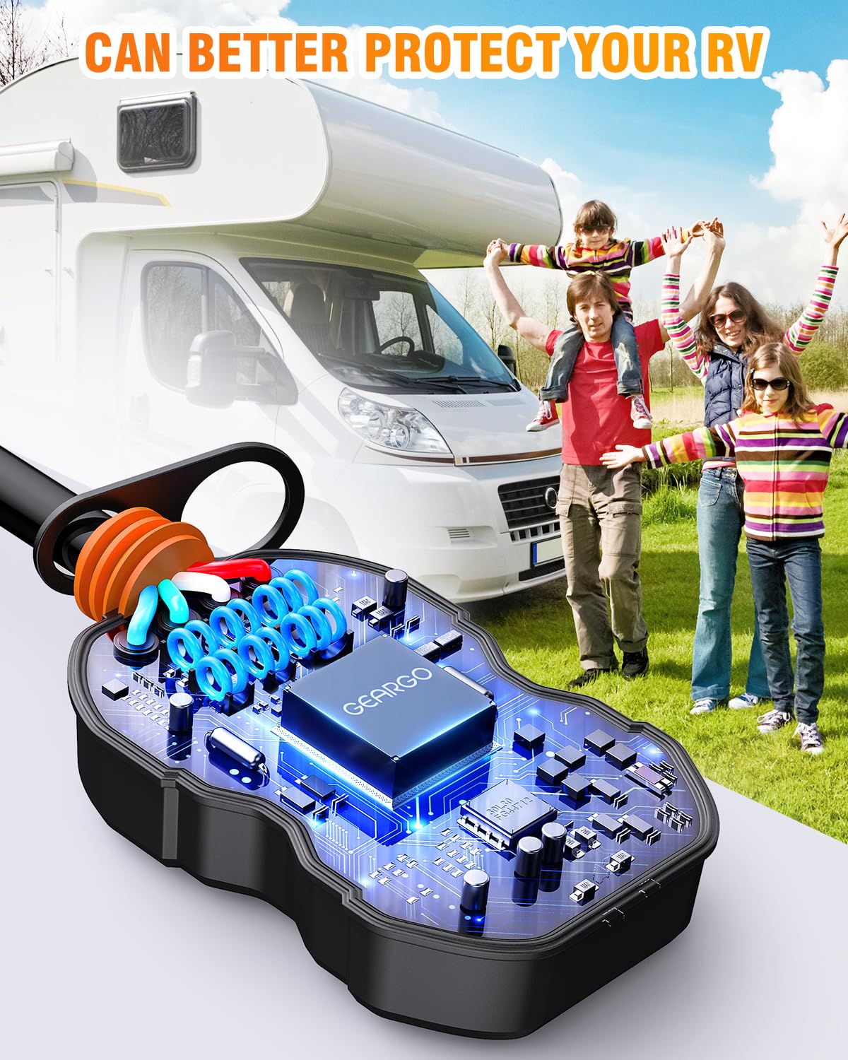 GEARGO 50 Amp RV Surge Protector, 15000 Joules, IP68 Voltage Protection, Orange Adapter Plug for Campers
