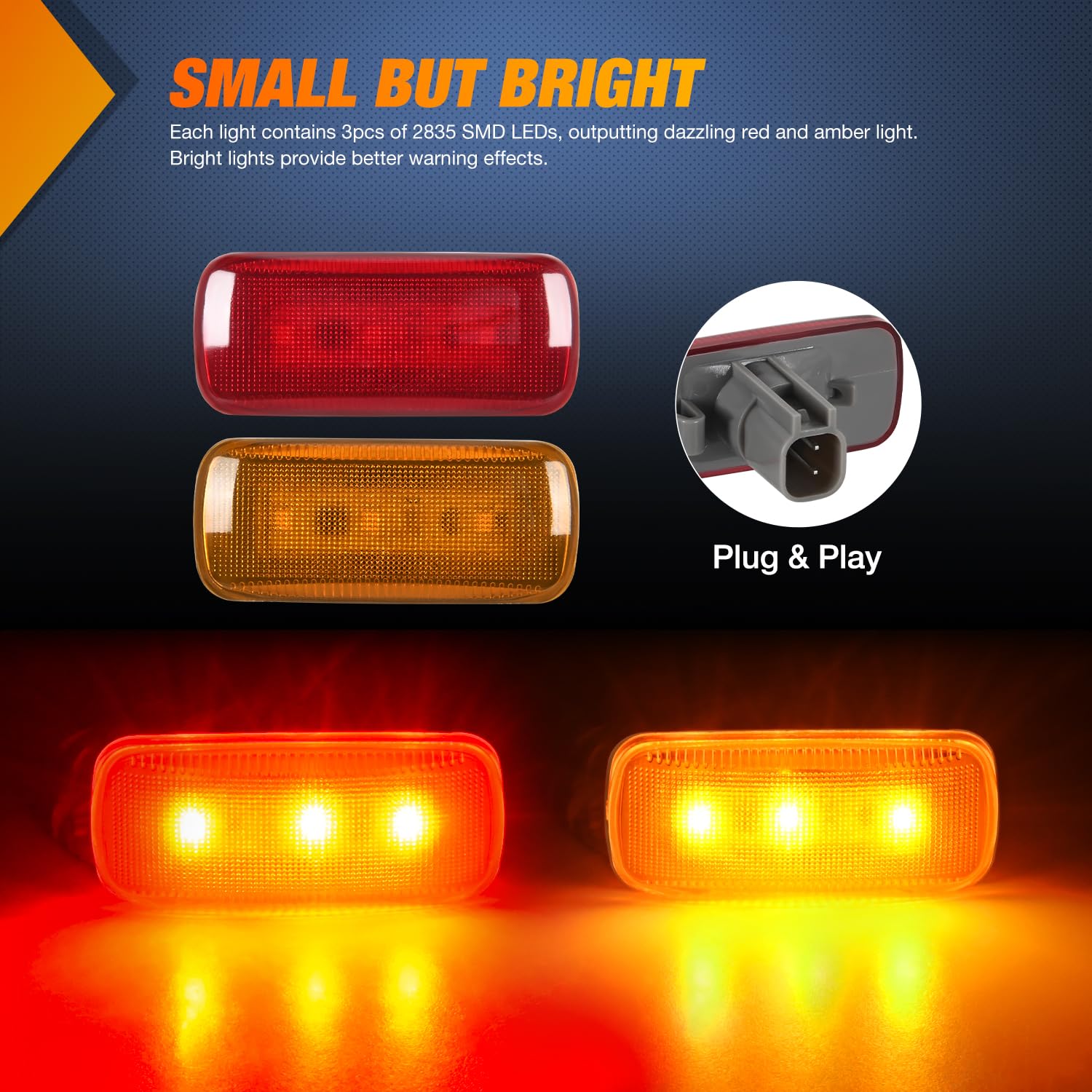 Nilight Wheel Fender Side Marker Lights 4 Pcs 3 Led Red Amber Front Rear Clearance Lights Plug And Play Waterproof Compatible Wi