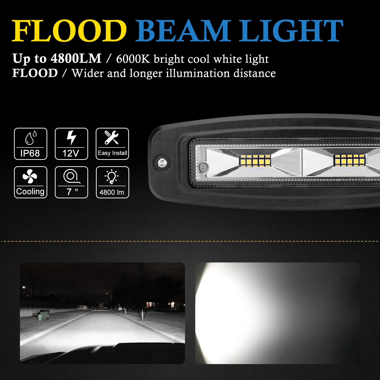 Bunker Indust 7'' Inch Flood Led Light Pods,Pair Flush Mount Led Work Light 4800Lm Light Bar Backup Driving Lights Waterproof Fo