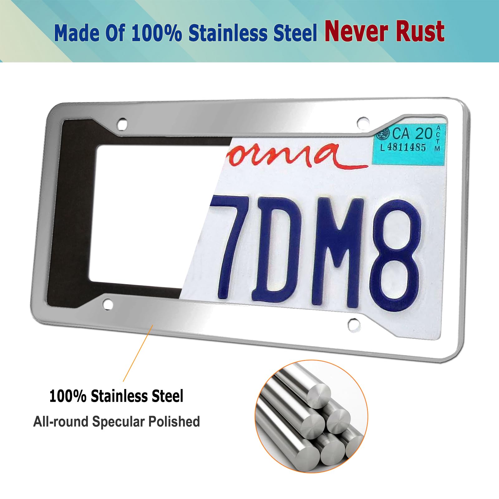 Stainless Steel License Plate Frame- 2 Pack License Plate Holder, With Screws, Chrome Caps, Heavy Duty Rustproof Metal Front Rea