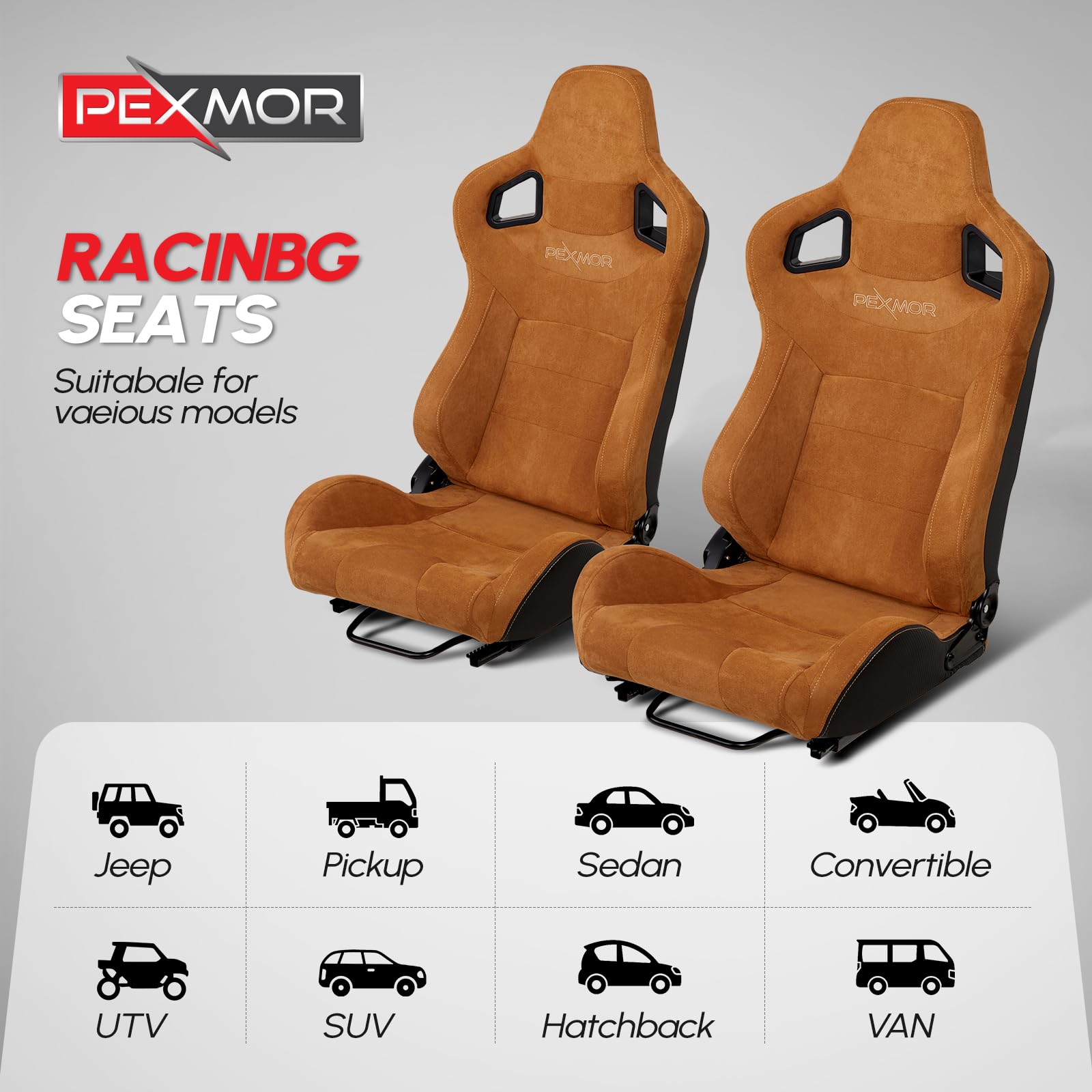 PEXMOR 2 Pcs Reclinable Universal Racing Bucket Seats w/Dual Slider, PU & Carbon Leather Adjustable Race Seats for Cars, Driver