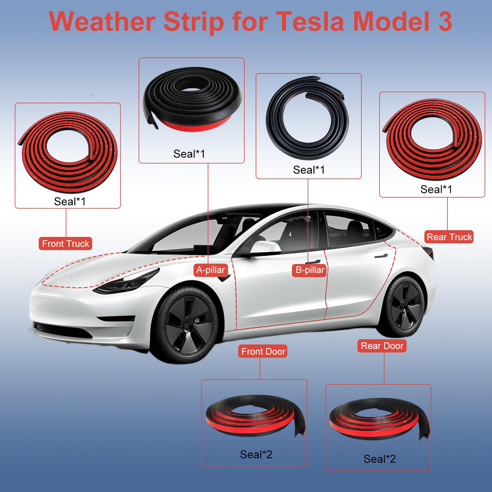 Dotaatdw Car Weather Stripping For Tesla Model 3 Car Door Rubber Seal Strip Self Adhesive Auto Soundproofing Weatherstrip For Front/Rear Trunk A-Pillar B-Pillar Front/Rear Door
