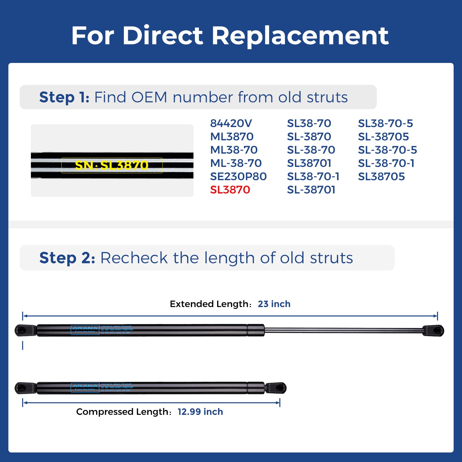 Arana Sl3870 23 Inch 80Lb Gas Struts Prop Springs Shocks 23'' Ml3870 Replacement Lift Supports For Tonneau Cover Rv Kitchen Door