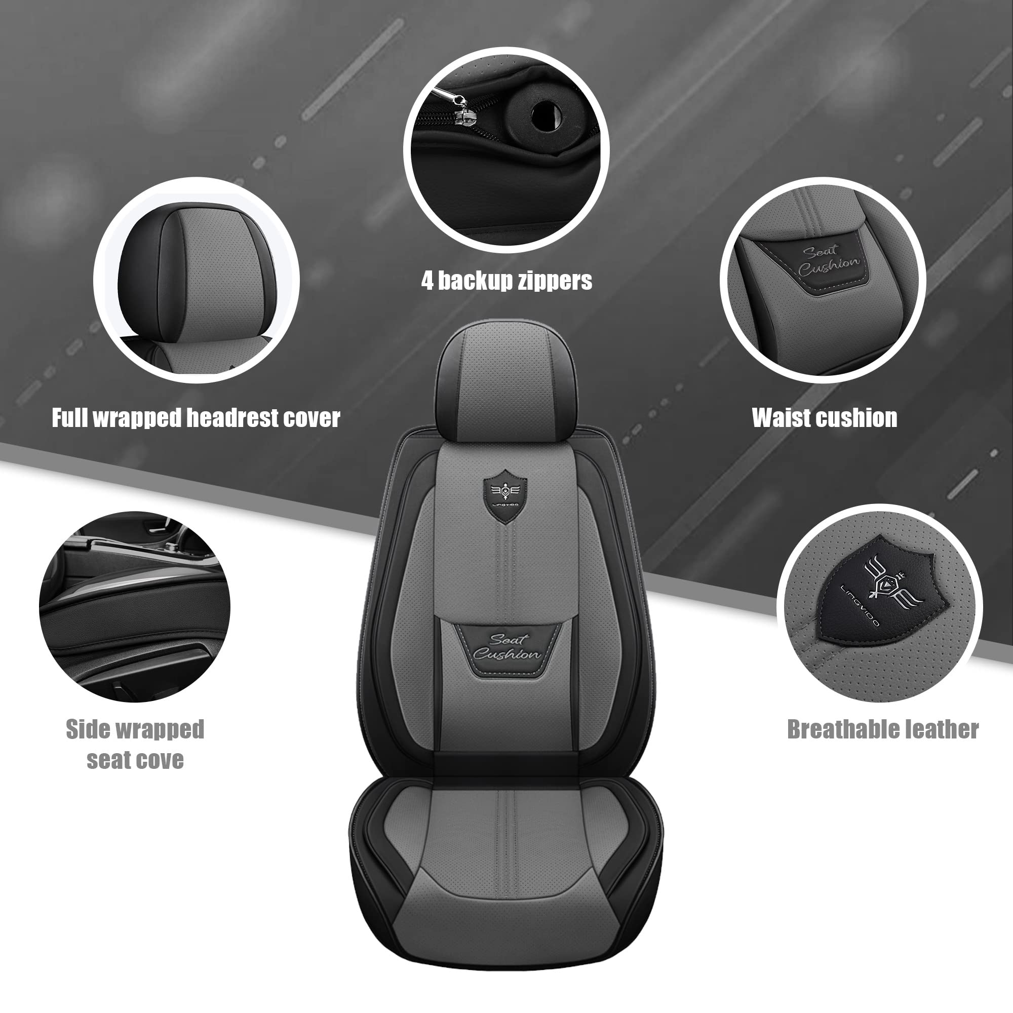 LINGVIDO Leather Car Seat Covers, Breathable Automotive Cover Cushion Accessories for Cars & SUV Truck Universal Fit Set (Grey F