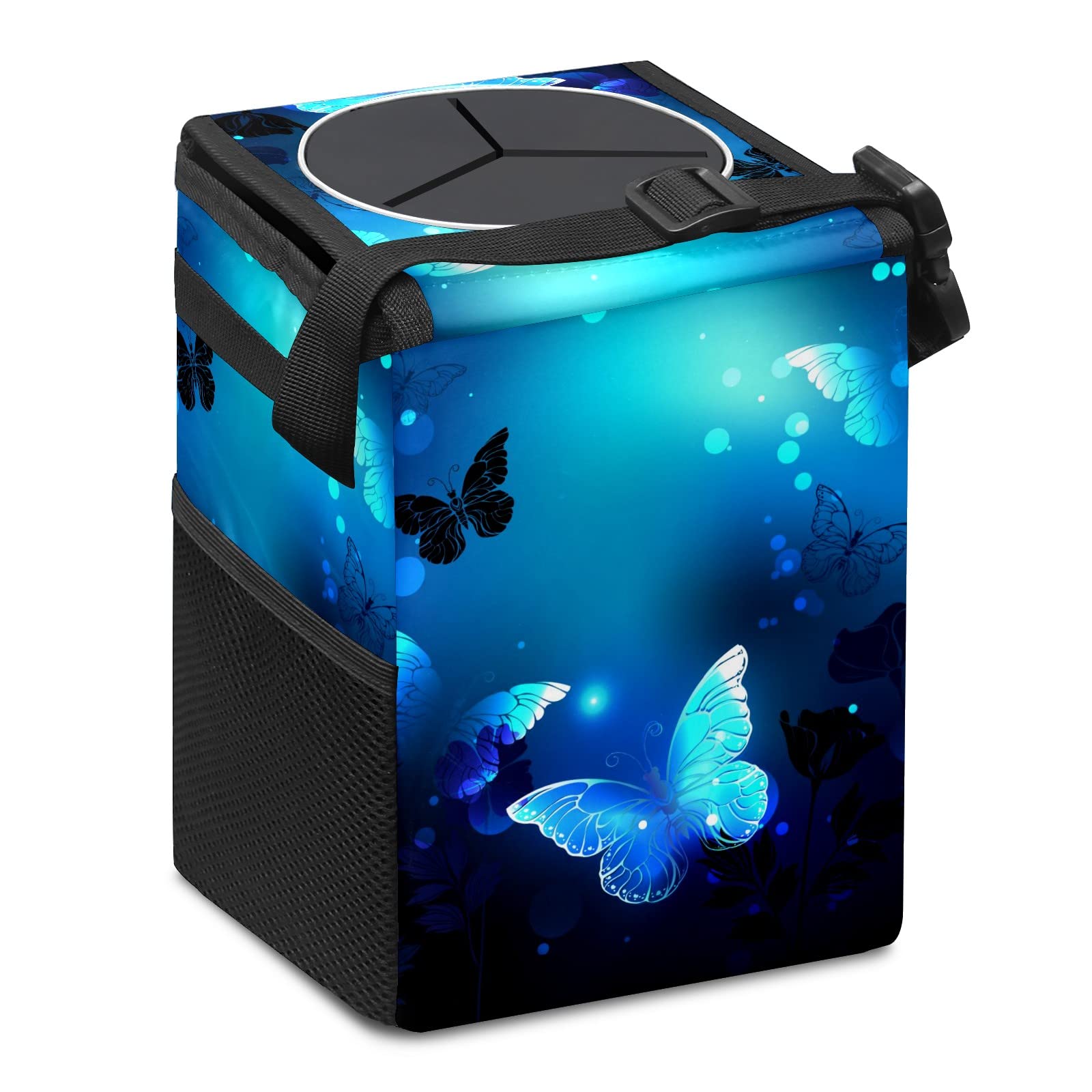 Blue Butterfly Glowing Car Trash Can with Lid, Collapsible Reusable Waterproof Garbage Can, Car Accessories Interior Organizer