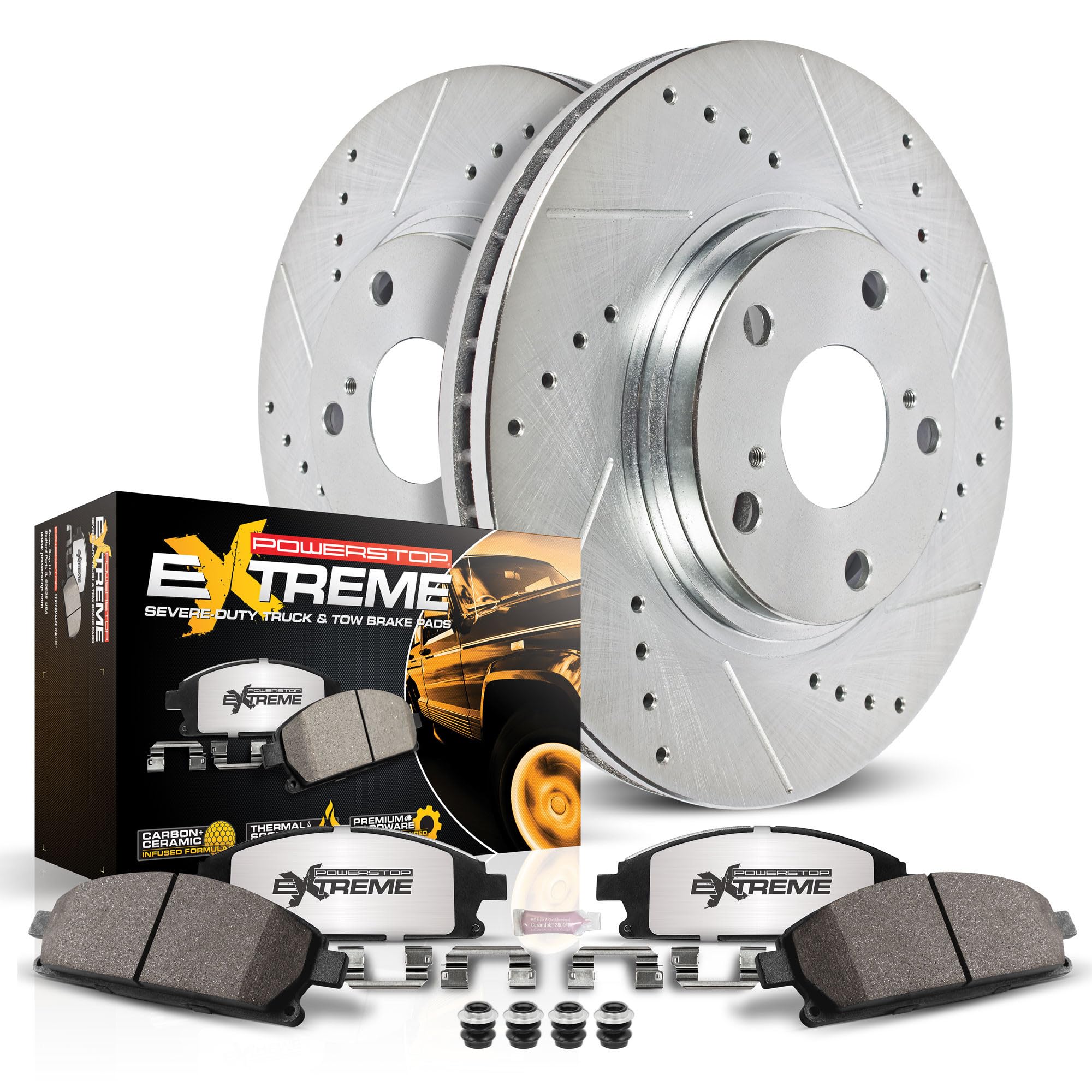 Power Stop K2083-36 Rear Z36 Truck & Tow Brake Kit Carbon Fiber Ceramic Brake Pads And Drilled And Slotted Brake Rotors For Escalade | Chevy Silverado 1500 Suburban 1500 Tahoe| Sierra 1500 Yukon 6 Lug