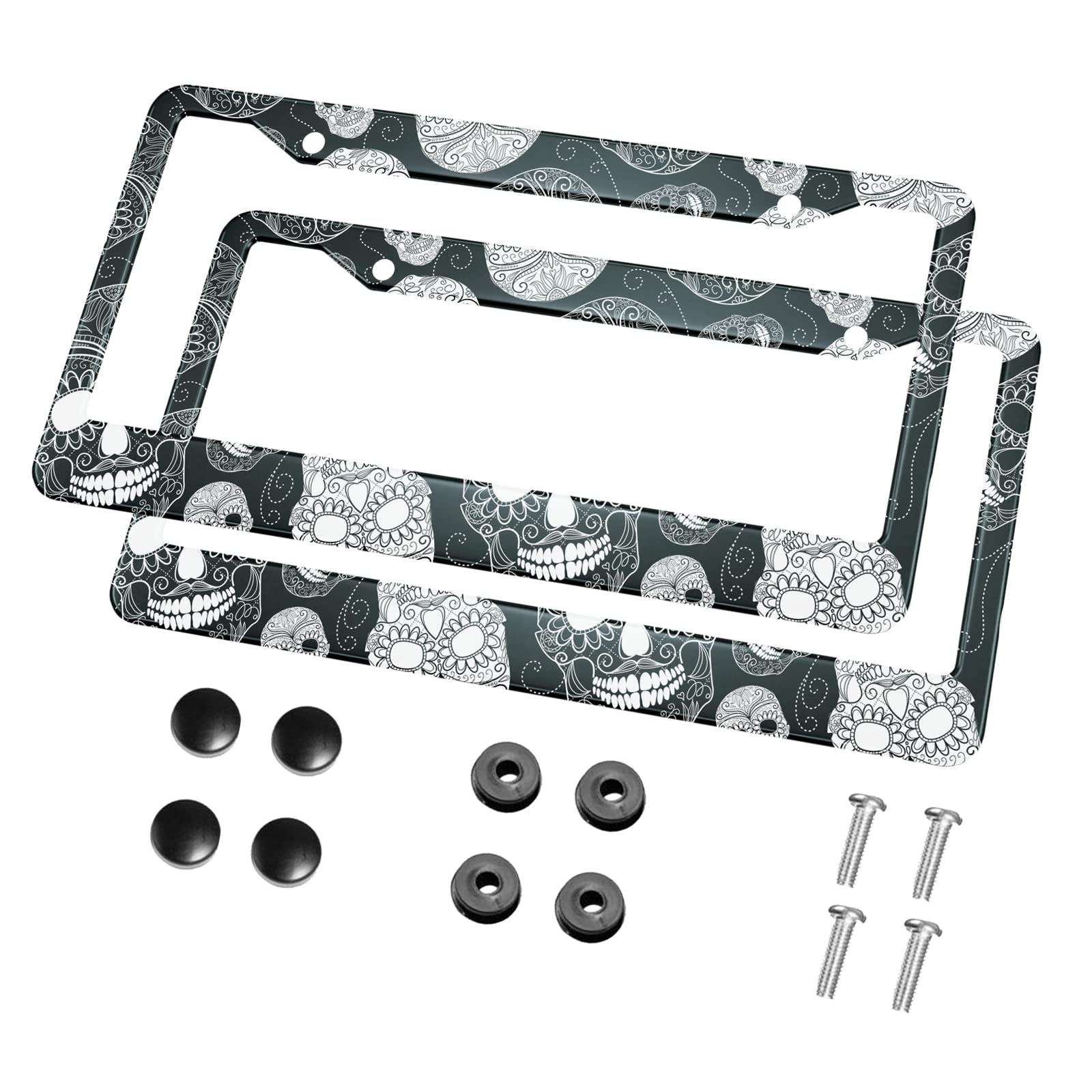 Hosnye Black And White Sugar Skull License Plate Frame Black 2 Pcs Day Of The Dead Cartoon Indian Style Metal Cute Licenses Plates Frames Licenses Plate Covers Car Tag Frame For Women Men Us Vehicles