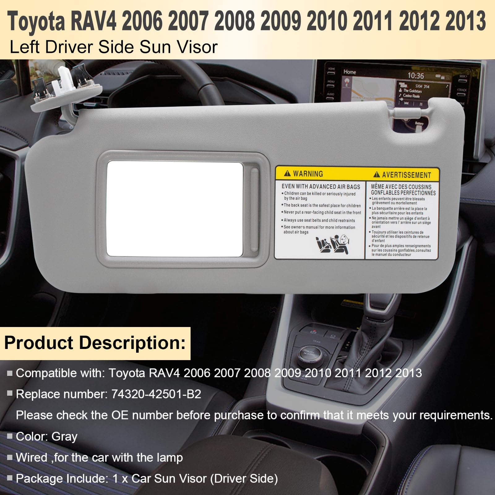 NHILES Left Driver Side Sun Visor Replacement Compatible with Toyota RAV4 2006 2007 2008 2009 2010 2011 2012 2013 with Light Rep