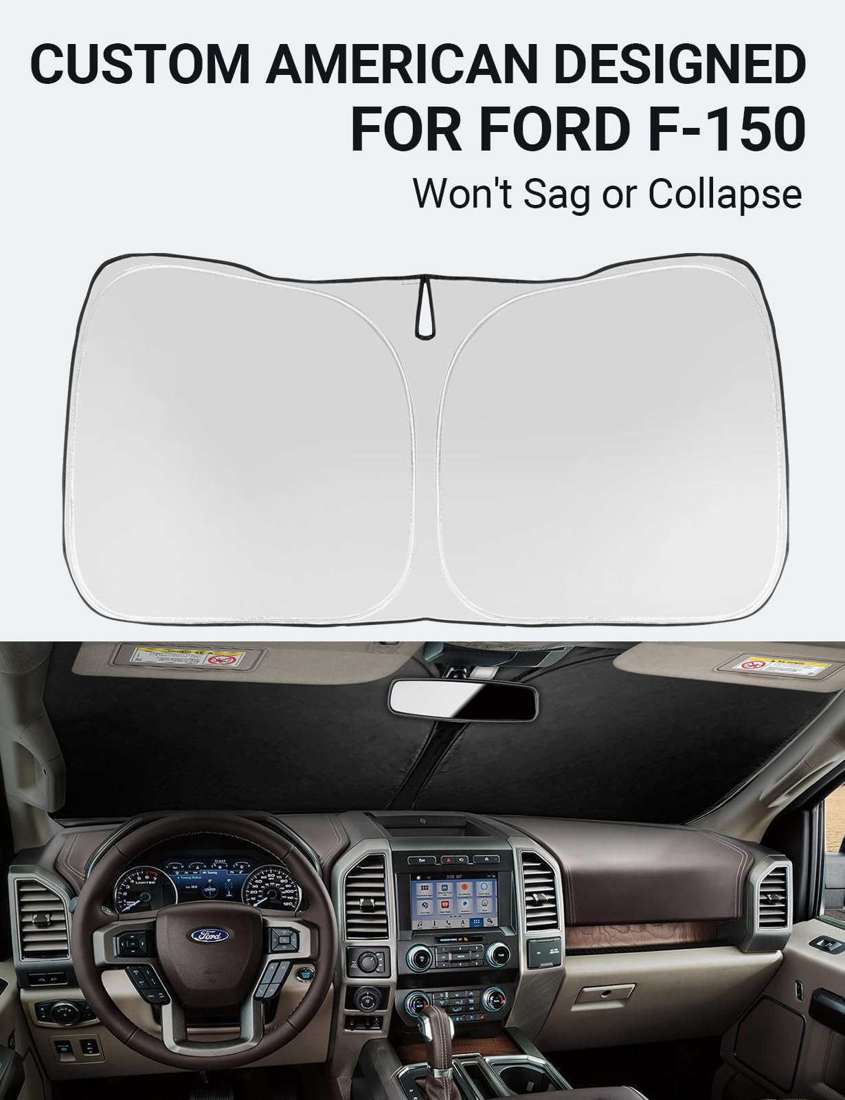 Proadsy Foldable Sunshade Protector for 2015-2020 Ford F-150 Lariat, King Ranch, Platinum, XL XLT, Limited, Raptor - Silver & Black