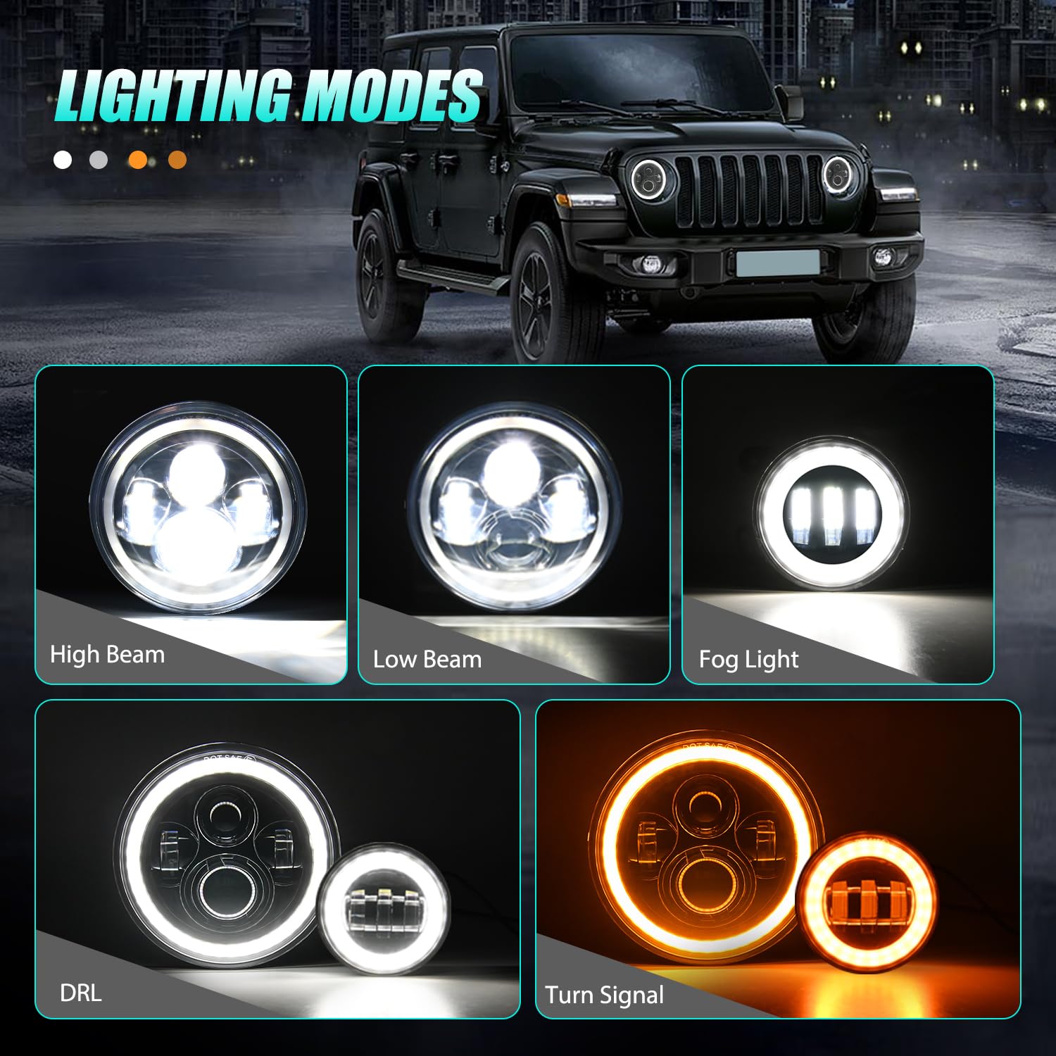 Nilight 7 Inch Round Led Halo Headlights And 4 In Fog Lights W/Turn Signal Amber White Drl High Low Beam Compatible With 2007 20