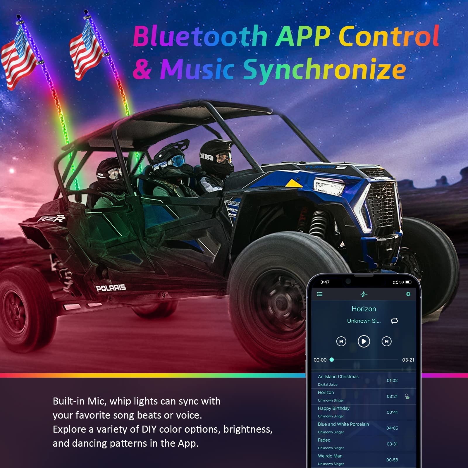 Ehaho 1 Pack 3Ft Whip Lights,Led Whip Light With App & Remote Control, Spiral Rgb Chasing Lighted Whips With Rocker Switch, Musi