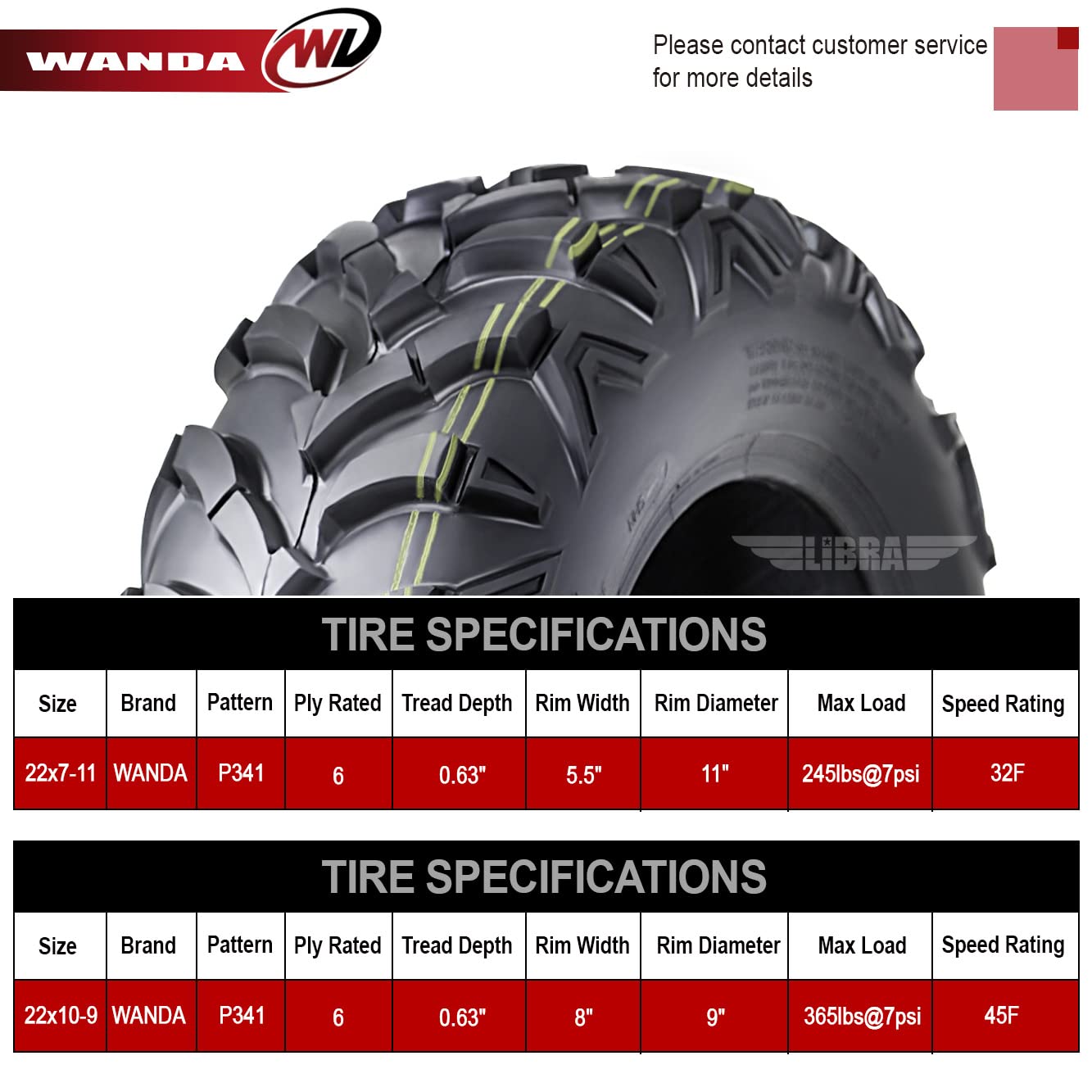 Wanda Set 4 At Master Atv/Utv Tires 22X7-11 Front & 22X10-9 Rear /6Pr P341 - Solid Mud Deep Tread 10250/10251