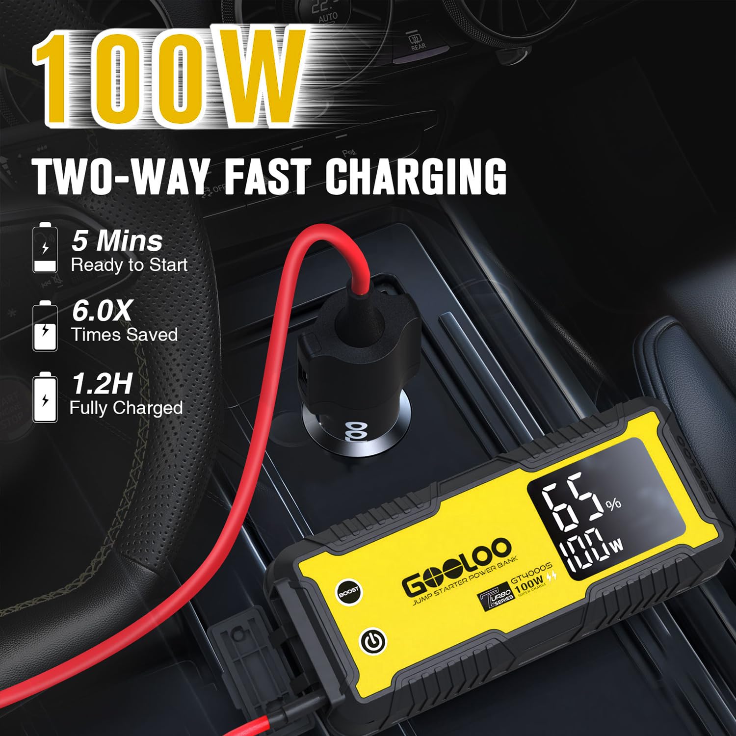 Gooloo Gt4000S Jump Starter 4000A Car Jumper Starter (Up To 10L Diesel 12L Gas Engines), 100W Fast-Charging Lithium Jump Box, Supersafe Portable Car Battery Charger Power Bank For 12V Vehicles, Yellow