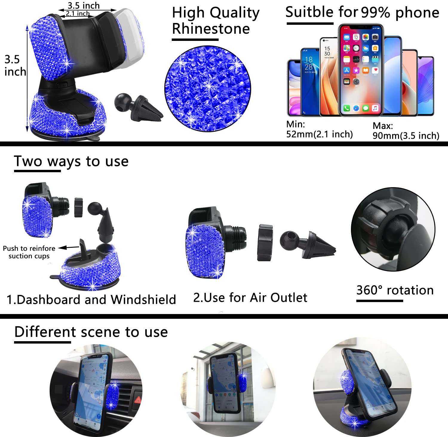 Nbtepem 27 Pcs Blue Bling Car Accessories Set For Women, Bling Steering Wheel Covers Universal Fit 15 Inch, Bling License Plate