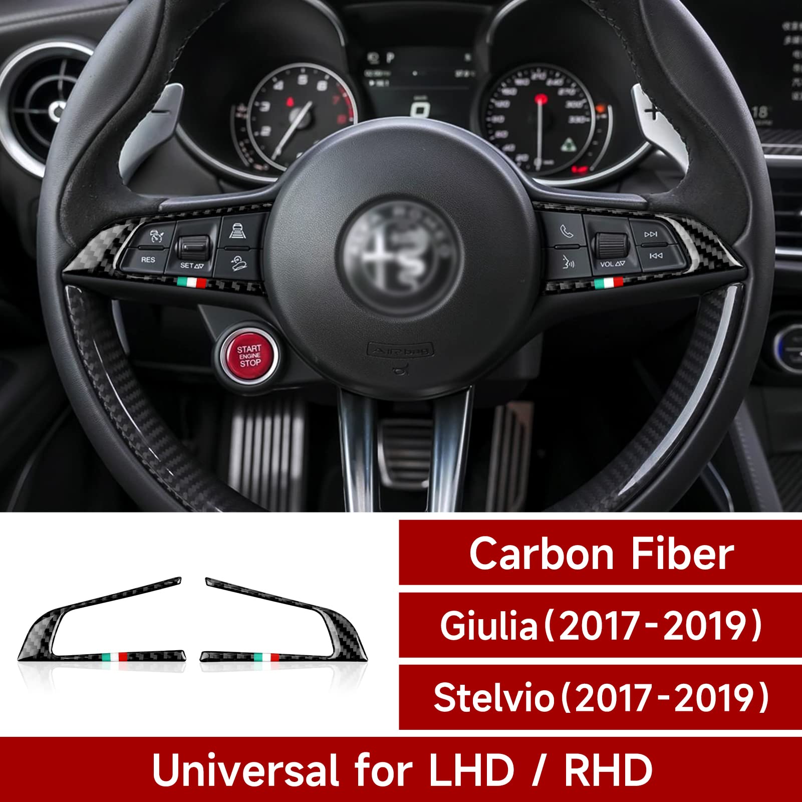 2Pcs Car Steering Trim Sticker Cover Carbon Fiber Decal Fits For Alfa Romeo Giulia Stelvio 2016 2017 2018 2019 Interior Accessories (Black)