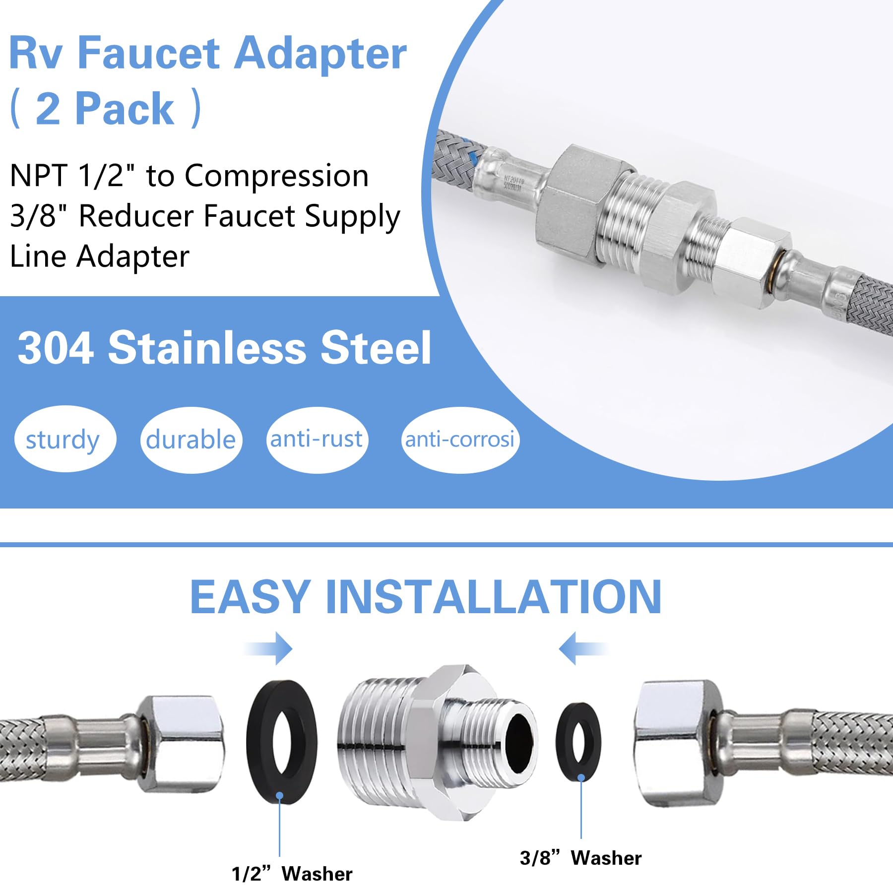 Carvedexquisitely Rv Faucet Adapter,Npt 1/2'' To Compression 3/8'' Reducer Faucet Supply Line Adapter,Stainless Steel 304 Compre