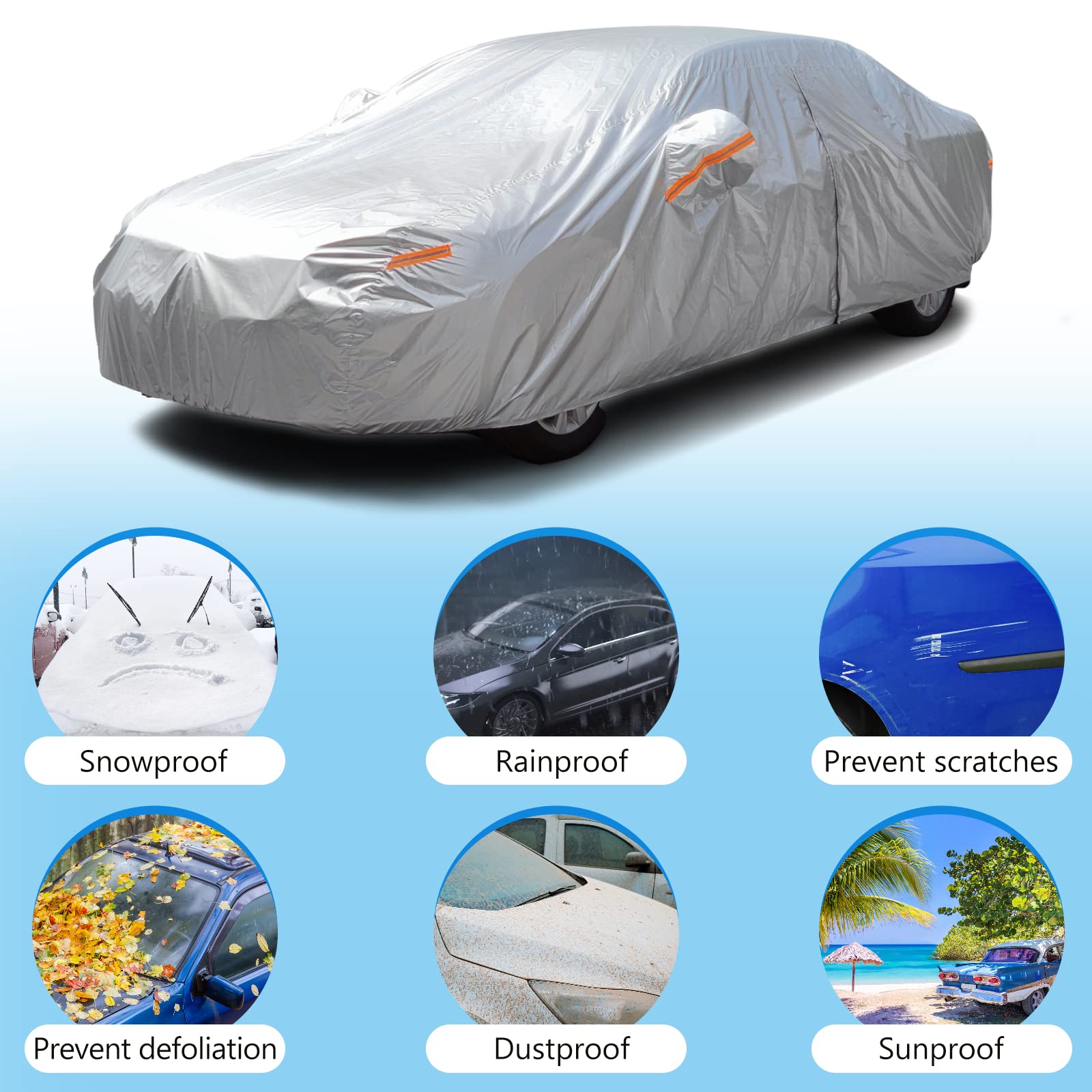 Seazen Car Cover Waterproof All Weather, Full Car Covers Uv Protection/Snowproof/Dustproof, Universal Car Cover 2 Layer With Zip