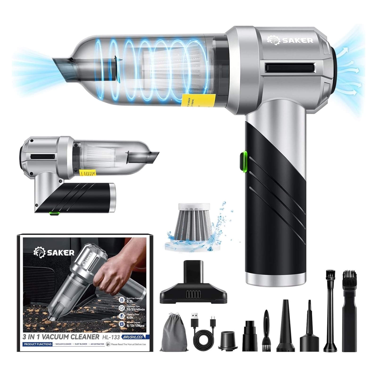 Saker Foldable Vacuum Cleaner Portable Cordless17000Pa-Vacuum Cleaner And Dust Blower 3 In 1 Mini Handheld Rechargeable Vacuum W