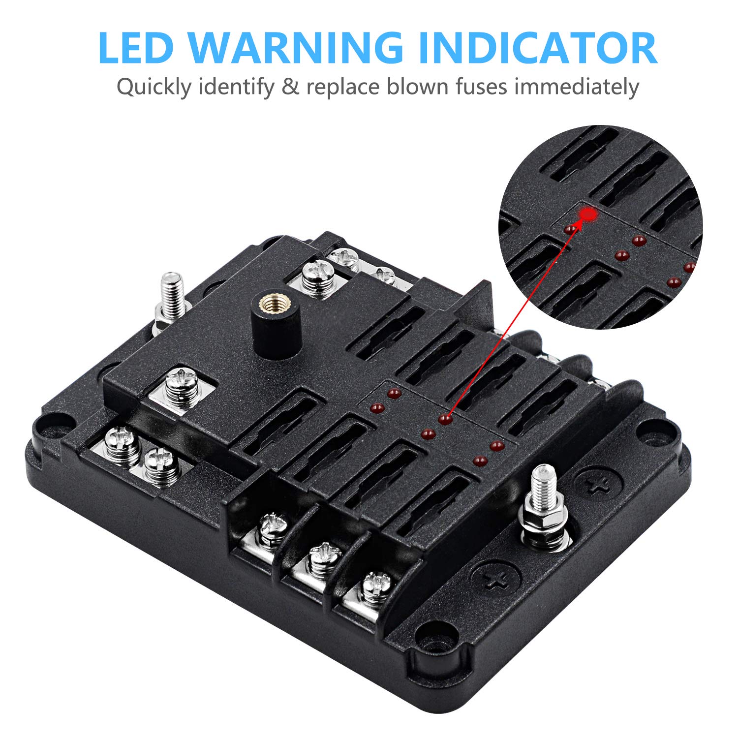 6 Way 12V Fuse Box 12Volt Blade Fuse Block Holder, 6 Circuit W/Negative Bus Waterproof Fuse Box With Led Indicator For 12V/24V A