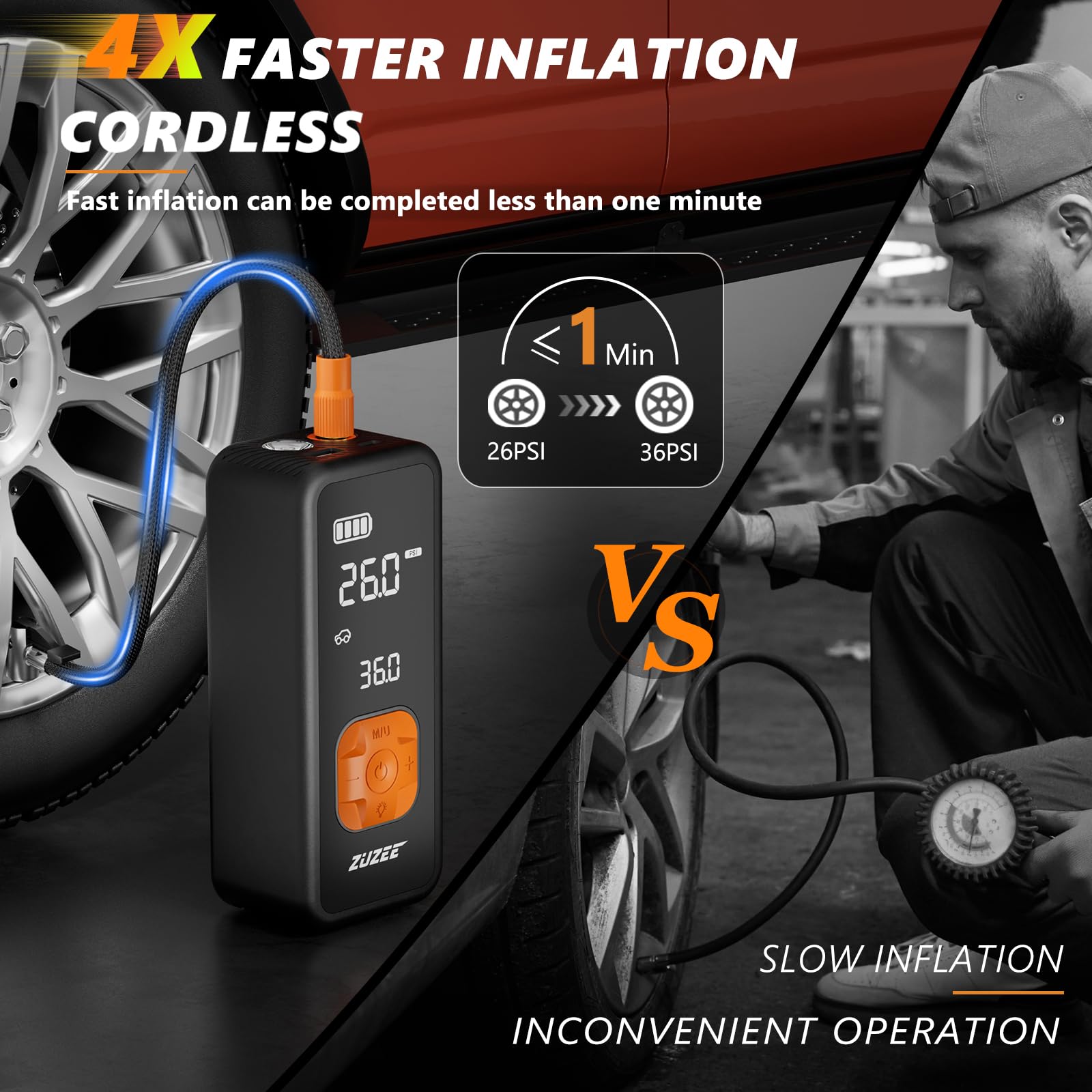 Tire Inflator Portable Air Compressor - 4X Faster Inflation, 150Psi Air Pump For Car Tires With Digital Pressure Gauge/Led Light