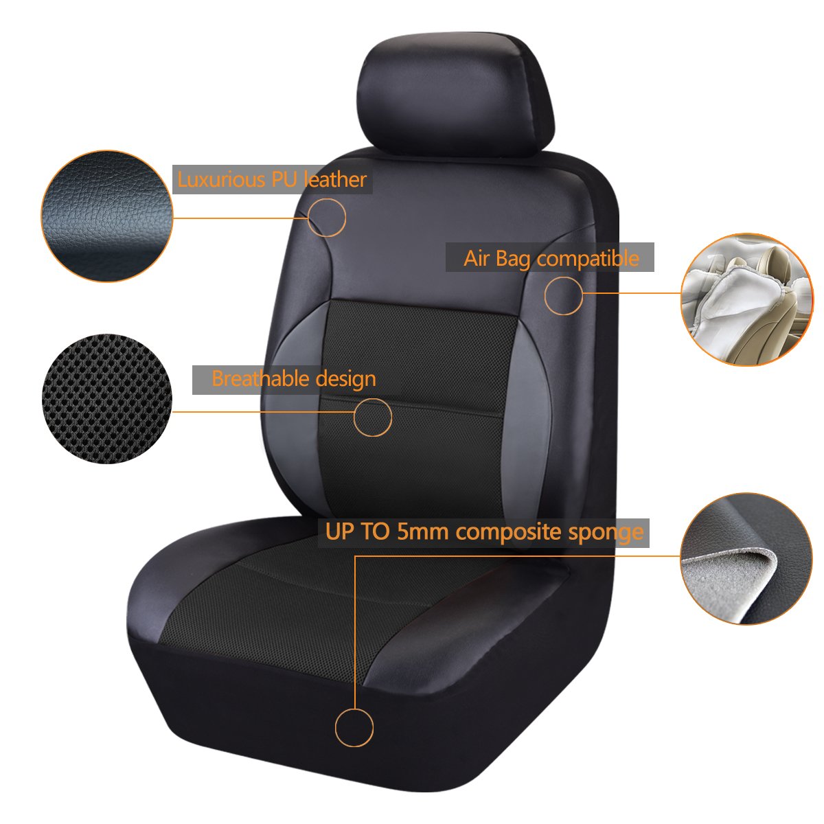 CAR Pass Luxury PU Leather Car Seat Covers Two Front Seats -Universal fit for 95% Automotive Vehicle SUV Truck Sedan, with 5mm C