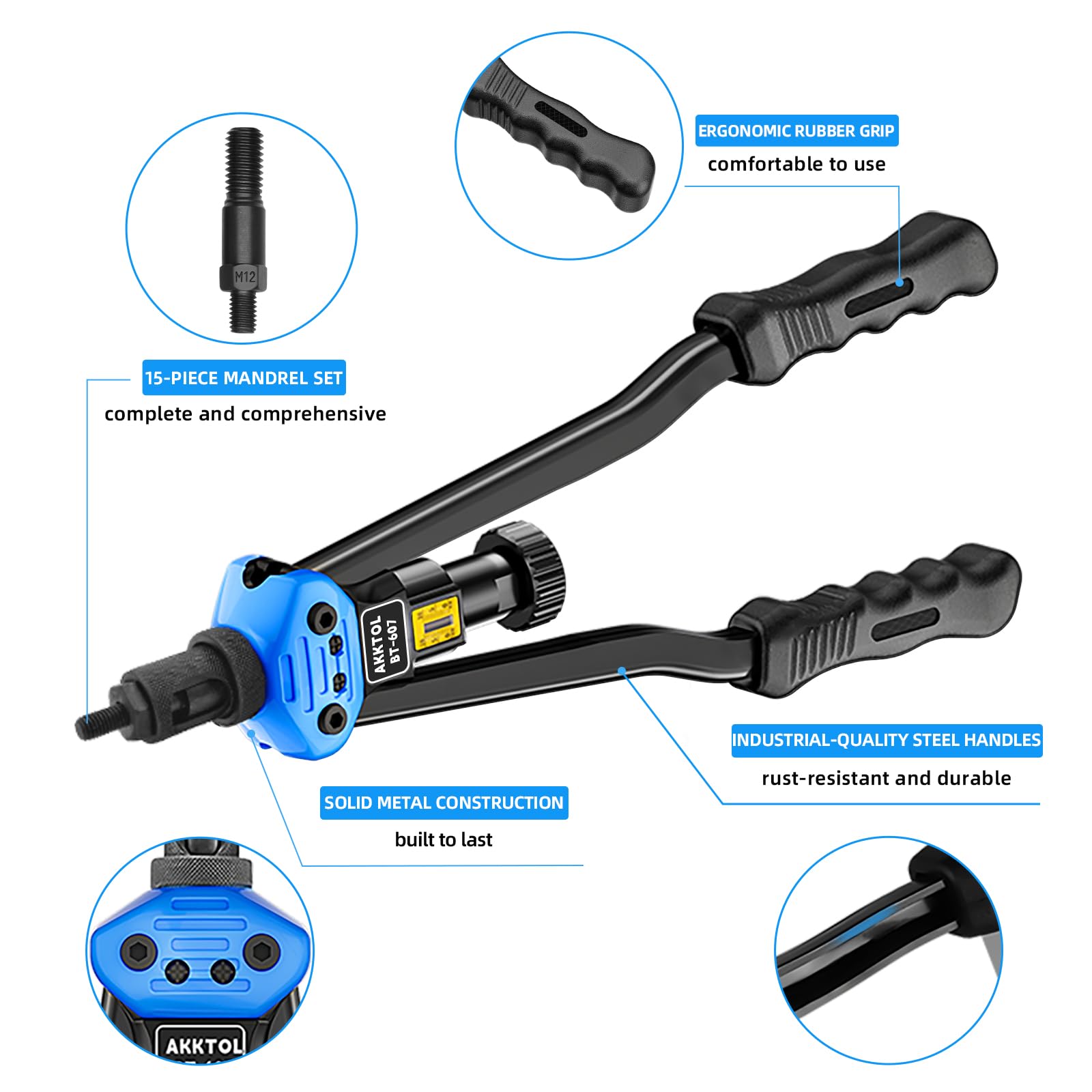 Akktol Rivet Nut Tool, 16 Rivnut Tool Kit With 15 Metric And Sae Mandrels, 125-Pcs Rivet Nut Assortment Kit, Rugged Carrying Case, Ideal For Sheet Metal & Automotive Work