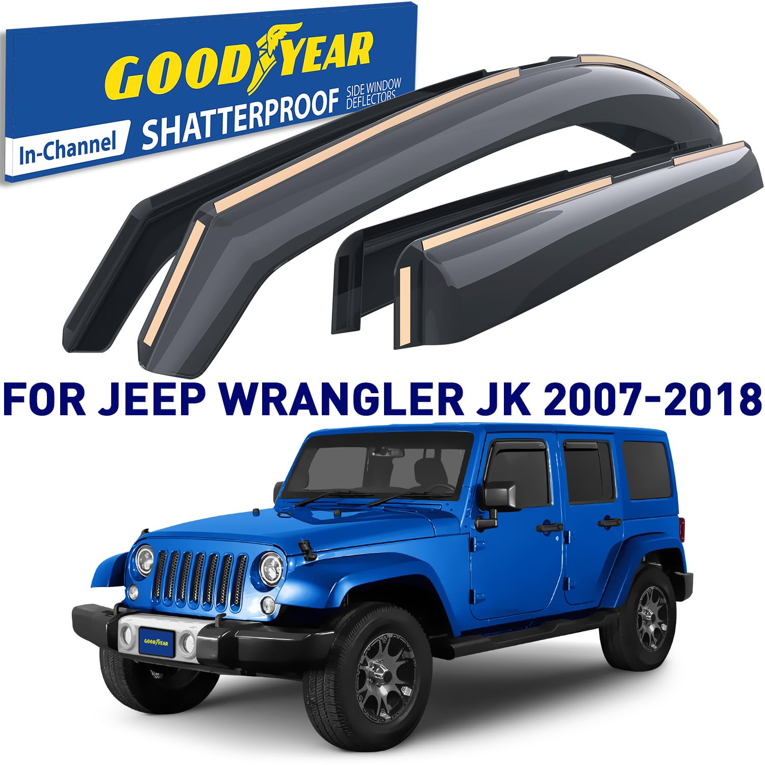 Goodyear Shatterproof In-Channel Window Deflectors For Jeep Wrangler Jk 2007-2018, Rain Guards, Window Visors For Cars, Vent Def