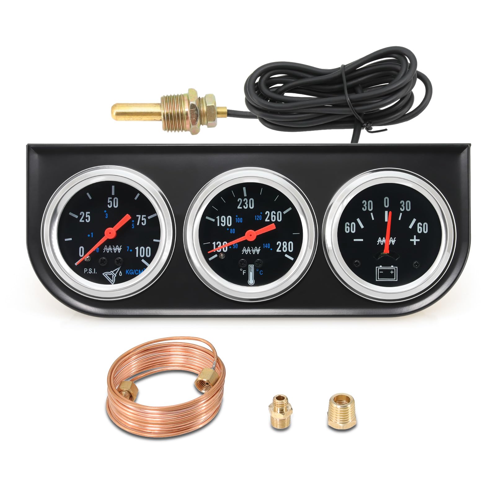 MH 2inch 52mm Triple Gauge Set, Oil Pressure (0-100PSI) Water Temperature (130F-280F) Ammeter AMP (-60 to 60) Car Auto 3 Gauges 
