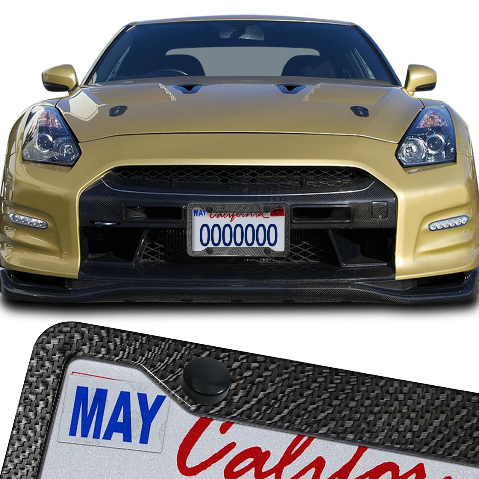 Aootf Carbon Fiber License Plate Frames-Metal Aluminum Plate Frames Front & Rear 2Pcs 4 Holes Black Car Tag Covers Holders With Stainless Steel Screw Caps