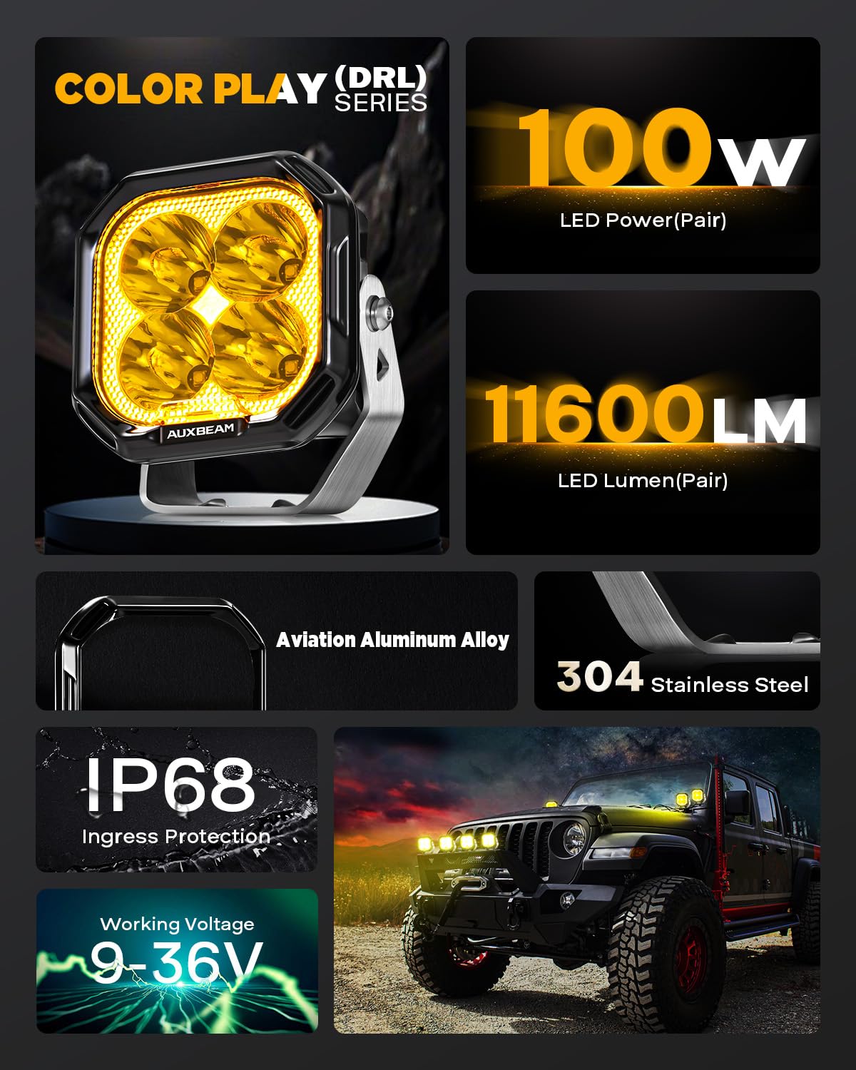 Auxbeam Color Play Series Spot Beam 3'' 100W Led Pods, Amber White Drl & Turn Signal, Dual Color Lens Covers, 11600Lm Cube Light