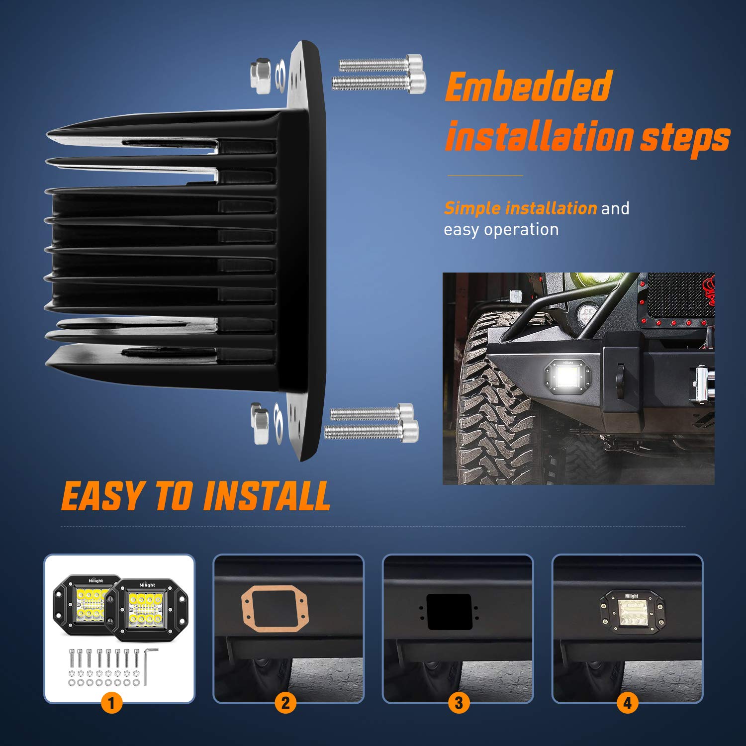 Nilight 2Pcs 42W Flush Mount Led Pods Spot Flood Combo Beam Driving Light Backup Light Reverse Light Grill Mount Light With Wiri